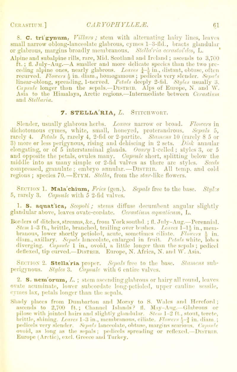 S. C. tri'gyimm, Villars ; stem with alternating hairy lines, leaves small narrow oblong-lanceolate glabrous, cymes 1-3-lid., bracts glandular or glabrous, margins broadly membranous. Stella'ria cerastoi'des, L. Alpine and subalpine rills, rare, Mid. Scotland and Ireland ; ascends to 3,700 ft. ; tl. July—Aug,—A smaller and more delicate species than the two pre- ceding alpine ones, nearly glabrous. Leaves j— h in., distant, obtuse, often recurved. Flowers 4 in. diam., bomogamous ; pedicels very slender. Sepals linear-oblong, spreading, 1-nerved. Petals deeply 2-fid. Styles usually 3. Capsule longer than the sepals.—Disteib. Alps of Europe, N. and VV. Asia to the Himalaya, Arctic regions.—Intermediate between Cerastium and Stellaria. 7. stella'ria, L. Stitchwort. Slender, usually glabrous herbs. Leaves narrow or broad. Flowers in dichotomous cymes, white, small, honeyed, proterandrous. Sepals 5, rarely 4. Petals 5, rarely 4, 2-ficl or 2-partite. Stamens 10 (rarely 8 5 or 3) more or less perigynous, rising and dehiscing in 2 sets. Disk annular elongating, or of 5 inters tarn inal glands. Ovary 1-celled ; styles 3, or 5 and opposite the petals, ovules many. Capsule short, splitting below the middle into as many simple or 2-fid valves as there are styles. Seeds compressed, granulate ; embryo annular.—Distrib. All temp, and cold regions ; species 70.—EtyjI. Stella, from the stor-like flowers. Section 1. Mala'chium, Fries (gen.). Sepals free to the base. Styl's 5, rarely 3. Capsule with 5 2-fid valves. 1. S. aquat'ica, Scopoli; stems diffuse decumbent angular slightly glandular above, leaves ovate-cordate. Cerastium aquaticum, L. Borders of ditches, streams, &c, from York southd. ; fl. July-Aug.—Perennial. Stem 1-3 ft., brittle, branched, trailing over bushes. Leaves 1-H in., mem- branous, lower shortly petioled, acute, sometimes ciliate. Flowers ± in. diam., axillary. Sepals lanceolate, enlarged in fruit. Petals white, lobes diverging, Capsule 1 in., ovoid, a little longer than the sepals ; pedicel deflexed, tip curved.—DisTbib. Europe, N. Africa, N. and W. Asia.. Section 2. Stella'ria proper. Sepals free to the base. Stamens sub- perigynous. Styles 3. Capsule with 6 entire valves. 2. S. nem'orum, L. ; stem ascending glabrous 01' hairy all round, leaves ovate acuminate, lower subcordatc long-petioled, upper cauline sessile., cymes lax, petals longer than the sepals. Shady places tYm Dumbarton and Moray to S. Wales and Hereford; ascends to l'.T'io ft.; Channel Islands? 11. May—Aug.—Glabrous or pilose with jointed hairs and slightly glandular. Stem 1-2 ft., stout, terete, brittle, shining. Leaves ] -3 in., membranous, ciliato. Flowers ^-J in. diam ; pedicels very slender. .v<pals lanceolate, obtuse, margins scarious. ' 'apsvle ovoid, as long as the sepals; pedicels spreading or reflexcd.—Pistriii. Europe | A rc( ic), exel, (treece and 'I'm key.