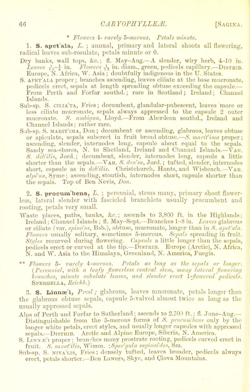 * Flowers 4- rarely 5-merous. Petals minute. 1. S. apet'ala, L. ; annual, primary and lateral shoots all flowering, radical leaves sub-rosulate, petals minute or 0. Dry banks, wall tops, &c.; fl. May-Aug.—A slender, wiry herb, 4-10 iu. Leaves ^j—f in. Flowers -{\ iu. mam., green, pedicels capillary.—Distrib. Europe, N. Africa, W. Asia; doubtfully indigenous in the TJ. States. S. apet'ala proper; branches ascending, leaves ciliate at the base mucronate, pedicels erect, sepals at length spreading obtuse exceeding the capsule.— From Perth and Forfar southd.; rare in Scotland; Ireland; Channel Islands. Sub-sp. S. cixia'ta, Fries; decumbent, glandular-pubescent, leaves more or less ciliate mucronate, sepals always appressed to the capsule 2 outer mucronate. S. ambigua, Lloyd.—From Aberdeen southd., Ireland and Channel Islands ; rather rare. Sub-sp. S. marit'ijia, Don ; decumbent or ascending, glabrous, leaves obtuse or apiculate, sepals suberect in fruit broad obtuse.—S. marit'ima proper; ascending, slender, internodes long, capsule about equal to the sepals. Sandy sea-shores, N. to Shetland, Ireland and Channel Islands.—Yar. S. deb'ilis, Jord.; decumbent, slender, internodes long, capsule a little shorter than the sepals.—Var. S. den'sa, Jord.; tufted, slender, internodes short, capsule as in deb'ilis. Christchurch, Hants, and Wisbeach.—Yar. alpi'na, Syme; asceuding, stoutish, internodes short, capsule shorter than the sepals. Top of Ben Nevis, Bon. 2. S. procum'bens, L. ; perennial, stems many, primary shoot flower- less, lateral slender with fascicled branchlets usually procumbent and rooting, petals very small. Waste places, paths, banks, &c.; ascends to 3,800 ft. in the Highlands; Ireland ; Channel Islands ; fl. May-Sept.—Branches 1-8 iu. Leaves glabrous or ciliate (var. spino'sa, Bab.), obtuse, mucronate, longer than iu 5. apet'ala. Flowers usually solitary, sometimes 5-merous. Sepals spreading in fruit. Styles recurved duriug flowering. Capsule a little longer tiian the sepals, pedicels erect or curved at the tip.—Distuib. Europe (Arctic), N. Africa, N. and W. Asia to the Himalaya, Greenland, N. America, Fuegia. ** Flowers 5- rarely 4-merous. Petals as long as the sepals or longer. (Perennial, with a leafy Jiowerless central stem, man)/ lateral flowering branches, minute subulate leaves, and slender erect 1-Jtowercd pedicels. SPERGELXA, Reichb.) 3. S. Iiinnse'i, Presl; glabrous, leaves mucronate, petals longer than the glabrous obtuse sepals, capsule 5-valved almost twice as long as the usually appressed sepals. Alps of Perth and Forfar to Sutherland; ascends to 2.TOD ft.; fl. June-Aug.— Distinguishable from the 5-merous forms of S, procum'bens only by the longer white petals, erect styles, aud usually louger capsules with appressed sepals.—Distrib. Arctic aud Alpine Europe, Siberia, N. America. S. Linn\i:'i proper; branches many prostrate routing, pedicels curved erect in fruit. S. saxat'ilis, Wimra. ;Sper'gida saginoi'des, Sm. Sub-sp. S. ntta'lis, Fries; densely tufted, leaves broader, pedicels always erect, petals shorter.—Ben Lawers, Skye, and Clova Mountains.