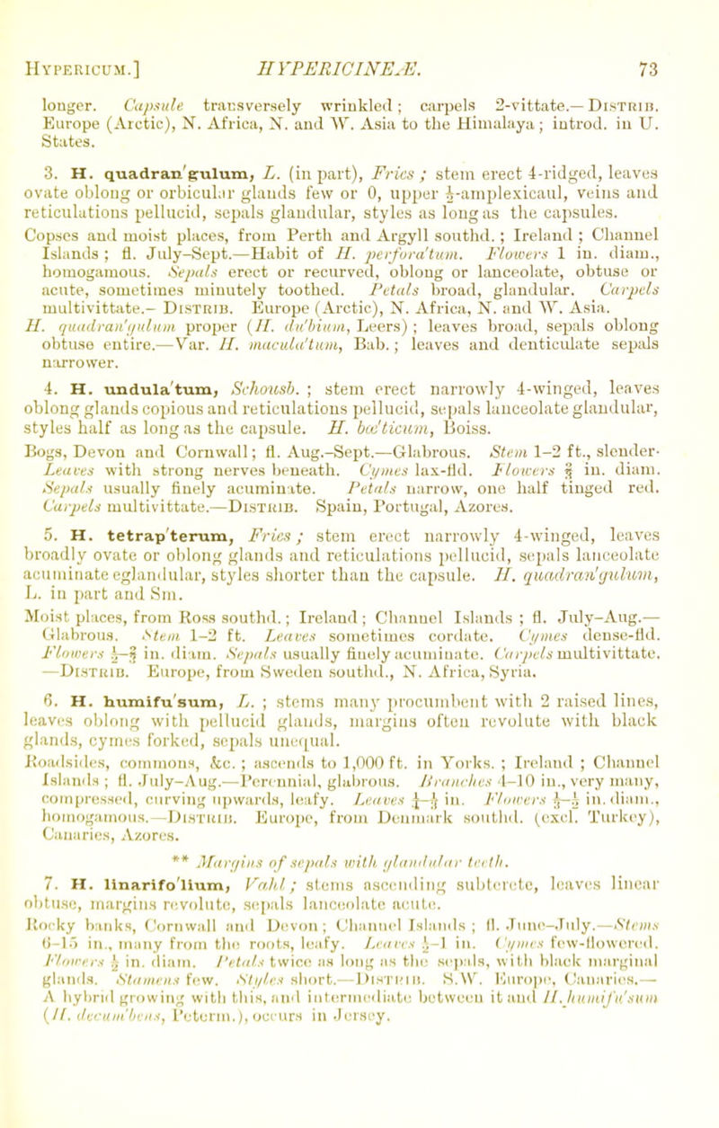 longer. Capsule transversely wrinkled; carpels 2-vittate.— DbTKin. Europe (Arctic), N. Africa, N. and W. Asia to the Himalaya; iutrod. in U. States. 3. H. quadran'gulum, L. (in part), Fries ; stem erect 4-ridged, leaves ovate oblong or orbicular glands few or 0, upper i-amplexicaul, veins and reticulations pellucid, sepals glandular, styles as long as the capsules. Copses and moist places, from Perth and Argyll southd.; Ireland ; Channel Islands; fl. July-Sept.—Habit of //. perforatum. Flowers 1 in. diam., homogamous. Sepals erect or recurved, oblong or lanceolate, obtuse or acute, sometimes minutely toothed. Petals broad, glandular. Carpels multivittate.- Distrib. Europe (Arctic), N. Africa, N. and W. Asia. quadrant'yulum proper (//. du'bmm, Leers) ; leaves broad, sepals oblong obtuse entire.— Var. II. macula'tum, Bab.; leaves and denticulate sepals narrower. 4. H. undulatum, Schousb. ; stem erect narrowly 4-winged, leaves oblong glands copious and reticulations pellucid, sepals lanceolate glandular, styles half as long as the capsule. H. bce'ticum, lioiss. Bogs, Devon and Cornwall; rl. Aug.-Sept.—Glabrous. Stem 1-2 ft., slender- Leaves with strong nerves beneath. Cymes lax-fid. Flowers 3 in. diam. Sepals usually finely acuminate. Petals narrow, one half tinged red. Carpels multivittate.—Distiub. Spain, Portugal, Azores. 5. H. tetrap'teram, Fries; stem erect narrowly 4-winged, leaves broadly ovate or oblong glands and reticulations pellucid, sepals lanceolate acuminate eglandular, styles shorter than the capsule. II. quad ran'gtdum, L. in part and Sm. Moist places, from Ross southd.; Ireland; Chanuel Islands ; fl. July-Aug.— Glabrous. Stem 1-2 ft. Leaves sometimes cordate. Cymes dense-fld. Flowers |—§ in. diam. Sepals usually finely acuminate. Carpels multivittate, —Distkib. Europe, from Sweden southd., N. Africa, Syria. I). H. humifu'sum, L. ; stems many procumbent with 2 raised lines, leaves oblong with pellucid glands, margins often revolute with black glands, cymes forked, sepals unequal. Roadsides, commons, &c. ; ascends to 1,000 ft. in Yorks. ; Ireland ; Channel Islands ; II. July-Aug.—Perennial, glabrous. Branches 4-10 in., very many, compressed, curving upwards, leafy. Leans J-.'f in. Flowers ft-K in.diam., homogamous, —Distklb. Europe, from Denmark southd. (oxcl. Turkey), Canaries, Azores. ** Margins of sepals with glandular teeth. 7. H. linarifo'Hum, Vahl; stems ascending subtcrcte, leaves linear obtuse, margins revolute, sepals lanceolate acute. Rocky banks, Cornwall and Devon; Channel Islands ; II. June-July.—Stems in, many from the roots, leafy. Leu res in. ('i/mes few-llowered. Flowers 3 in. diam. Petals twice as long as the sepals, with black marginal glands. Stamens few, Styles short.—Distrib. S.W. Europe, Canaries.— A hybrid glowing with this, and intermediate between it and ll.Jiu.mifu'sum (//. decum'bens, Peterm.),occurs in Jersey.