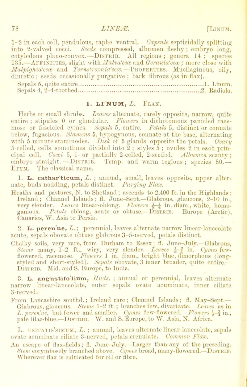 7< LINEJE. [Li num. 1-2 in each cell, pendulous, raphe ventral. Capsule septicidally splitting into 2-valved cocci. Seeds compressed, albumen fleshy ; embryo long, cotyledons plano-convex.-—Distrib. All regions ; genera 14 ; species 135.—Affinities, slight with Malva'eece and Gerania'eecc ; more close with Mn/pighia'eccc and Terns! raimia'ccec.— Properties. Mucilaginous, oily, diuretic ; seeds occasionally purgative ; bark fibrous (as in flax). Sepals 5, quite entire 1. Linum. Sepals 4, 2-4-toothed 2. Kadiola. 1. li num, L. Flax. Herbs or small shrubs. Leaves alternate, rarely opposite, narrow, quite entire ; stipules 0 or glandular. Flowers in dichotomous panicled race- mose or fascicled cymes. Sepals 5, entire. Petals 5, distinct or connate below, fugacious. Stamens 5, hypogynous, connate at the base, alternating with 5 minute staminodes. Disk of 5 glands opposite the petals. Ovary 5-celled, cells sometimes divided into 2 ; styles 5 ; ovules 2 in each prin- cipal cell. Cocci 5, 1- or partially 2-celled, 2-seeded. Albumen scanty ; embryo straight.—Distrib. Temp, and warm regions; species 80.— Etym. The classical name. 1. Ii. cathar'ticum, L. ; annual, small, leaves opposite, upper alter- nate, buds nodding, petals distinct. Purging Flax. Heaths and pastures, N. to Shetland ; ascends to 2,400 ft. in the Highlands ; Ireland; Channel Islands; fl. June-Sept.—Glabrous, glaucous. 2-10 in., very slender. Leaves linear-oblong. Flowers g—J in. diam., white, homo- gamous. Petals oblong, acute or obtuse.— Distrib. Europe (Arctic), Canaries, W. Asia to Persia. 2. L. peren'ne, L.; perennial, leaves alternate narrow linear-lanceolate acute, sepals obovate obtuse glabrous 3-5-nerved, petals distinct. Chalky soils, very rare, from Durham to Essex; fl. June-July.—Glabrous, Stems many, 1-2 ft., wiry, very slender. Leaves in. Cymes few- flowered, racemose. Flowers 1 in. diam., bright blue, dimorphous (Ioug- styled and short-styled). Sepals obovate, 3 inner broader, quite entire.— Distrib. Mid. and S. Europe, to India. 3. Zi. angustifo'lium, LTuels. ; annual or perennial, leaves alternate narrow linear-lanceolate, outer sepals ovate acuminate, inner ciliate 3-nerved. From Lancashire southd.; Ireland rare; Channel Islands; fl. May-Sept.— Glabrous, glaucous. Stems 1-2 ft.; branches few, divaricate. Leaves as in L. peren'ne, but fewer and smaller. Cymes few-flowered. Flowers in., pale lilac-blue.—Distrib. W. and S.Europe, to W. Asia, N. Africa. L. usitatis'simum, L. ; annual, leaves alternate linear-lanceolate, sepals ovate acuminate ciliate 3-nerved, petals crenulate. Common Flax. An escape of flax-fields : fl. June-July.—Larger (ban any of the preceding. Stem oorymbosely branched above. Cymes broad, many-flowered.—Distrib. Wherever flax is cultivated for oil or fibre.