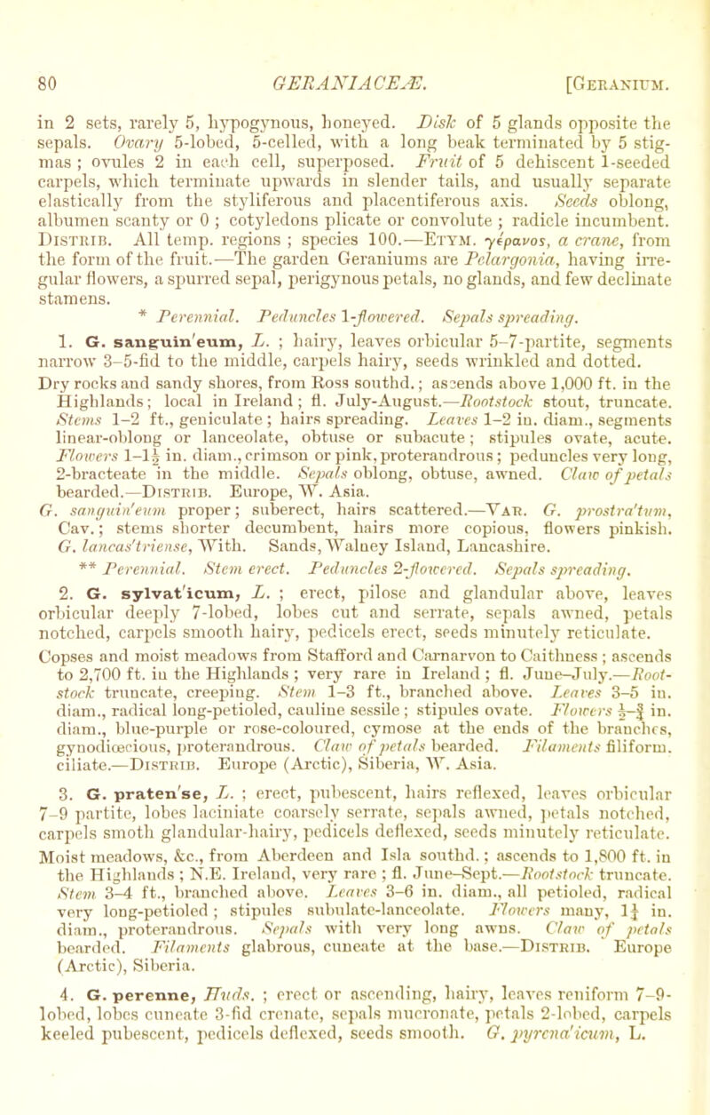 in 2 sets, rarely 5, liypogynous, honeyed. Dish of 5 glands opposite the sepals. Chary 5-lobed, 5-celled, with a long beak terminated by 5 stig- mas ; ovules 2 in each cell, superposed. Fruit of 5 dehiscent 1-seeded carpels, which terminate upwards in slender tails, and usually separate elastieally from the styliferous and placentiferous axis. Seeds oblong, albumen scanty or 0 ; cotyledons plicate or convolute ; radicle incumbent. Distiub. All temp, regions ; species 100.—Etym. yepavos, a crane, from the form of the fruit.—The garden Geraniums are Pelarcjonia, having irre- gular Mowers, a spurred sepal, perigynous petals, no glands, and few declinate stamens. * Perennial. Peduncles 1-Jlowered. Sepals spreading. 1. G. saneuin eum, L. ; hairy, leaves orbicular 5-7-partite, segments narrow 3-5-fid to the middle, carpels hairy, seeds wrinkled and dotted. Dry rocks and sandy shores, from Ross southd.; ascends above 1,000 ft. in the Highlands; local in Ireland ; fl. July-August.—Rootstock stout, truncate. Stems 1-2 ft., geniculate ; hairs spreading. Leaves 1-2 iu. diam., segments linear-oblong or lanceolate, obtuse or subacute; stipules ovate, acute. Flowers 1-li in. diam., crimson or pink, proterandrous; peduncles very long, 2-bracteate in the middle. Sepals oblong, obtuse, awned. Claw of petals bearded.—Distrib. Europe, W. Asia. G. sanguin'eum proper; suberect, hairs scattered.—Vat?. G. prostra'tnm, Cav.; stems shorter decumbent, hairs more copious, flowers pinkish. G. lancas'triense, With. Sands, Waluey Island, Lancashire. ** Perennial. Stem erect. Peduncles 2-Jloicered. Sepals spreading. 2. G. sylvat'icum, L. ; erect, pilose and glandular above, leaves orbicular deeply 7-lobed, lobes cut and serrate, sepals awned, petals notched, carpels smooth hairy, pedicels erect, seeds minutely reticulate. Copses and moist meadows from Stafford and Carnarvon to Caithness ; ascends to 2,700 ft. iu the Highlands ; very rare in Ireland ; fl. June-July.—Root- stock truncate, creeping. Stem 1-3 ft., branched above. Leaves 3-5 in. diam., radical long-petioled, cauline sessile ; stipules ovate. Flowers i-f in. diam., blue-purple or rose-coloured, cymose at the ends of the brauches, gyuodicecious, proterandrous. Claw of petals bearded. Filaments filiform, ciliate.—Distrib. Europe (Arctic), Siberia, W. Asia. 3. G. praten'se, Z. ; erect, pubescent, hairs rcflexed, leaves orbicular 7-9 partite, lobes laciniate coarsely serrate, sepals awned, petals notched, carpels smoth glandular-hairy, pedicels deflexed, seeds minutely reticulate. Moist meadows, &c, from Aberdeen and Isla southd.; ascends to 1,800 ft. in the Highlands ; N.E. Ireland, very rare ; fl. June-Sept.—Rootstock truncate. Stem 3-4 ft., branched above. Leaves 3-6 in. diam., all petioled, radical very long-petioled ; stipules subulate-lanceolate. Flowers many, 1J in. diam., proterandrous. Sepals with very long awns. Claw of petals bearded. Filaments glabrous, cuneate at the base.—Distrib. Europe (Arctic), Siberia. 4. G. perenne, LTvels. ; creel or ascending, hairy, leaves reniform 7-9- lobed, lobes cuneate 3-fid crenate, sepals mucronate, petals 2-lobed, carpels keeled pubescent, pedicels deflexed, seeds smooth. G. pyrcna'icum, L.