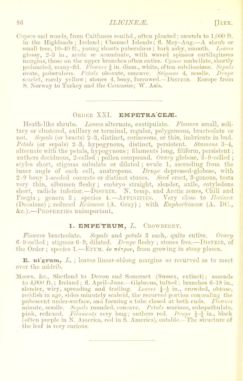 Copses and woods, from Caithness southd., often planted ; ascends to 1,000 ft. in the Highlands ; Ireland ; Channel Islands; fl. May-Aug.—A shrub or small tree, 10-40 ft., young shoots puberulous ; bark ashy, smooth. Leaves glossy, 2-3 in., acute or acuminate, with waved spinous cartilaginous margins, those on the upper branches often entire. Cymes umbellate, shortly peduncled, many-fid. Flowers J in. diam., white, often subdicecious. Sepals ovate, puberulous. Petals obovate, concave. Stic/mas 4, sessile. Drupe scarlet, rarely yellow; stones 4, bony, furrowed. — DlSTIUB. Europe from S. Norway to Turkey and the Caucasus; W. Asia. Order XXI. EMPETRA'CEfll. Heath-like shrubs. Leaves alternate, exstipulate. Flowers small, soli- tary or clustered, axillary or terminal, regular, polygamous, bracteolate or not. Segals (or bracts) '2-3, distinct, coriaceous, or thin, imbricate in bud. Petals (or sepals) 2-3, hypogynous, distinct, persistent. /Stamens 3-4, alternate with the petals, hypogynous ; filaments long, filiform, persistent ; anthers deciduous, 2-celled ; pollen compound. Ovary globose, 3-9-celled ; styles short, stigmas subulate or dilated ; ovule 1, ascending from the inner angle of each cell, anatropous. Drupe depressed-globose, with 2-9 bony 1-seeded connate or distinct stones. Seed erect, 3-gonous, testa very thin, albumen fleshy; embryo straight, slender, axile, cotyledons short, radicle inferior.— Distkib. N. temp, and Arctic zones, Chili and Fuegia ; genera 3 ; species 4.—Affinities. Very close to Ilicincca (Decaisne) ; reduced Ericaceae (A. Gray) ; with Euphorbiaceco (A. DC, &c).—Properties unimportant. 1. EMPE'TRUM, L. Crowbeury. Flowers bracteolate. Sepals and jwtals 3 each,, quite entire. Ovary 6-9-celled ; stigmas 6-9, dilated. Drupe fleshy ; stones free.—Distkib. of the Order ; species 1.—Etym. h> irtTpuv, from growing in stony places. E. nigrum, L. ; leaves linear-oblong margins so recurved as to meet over the midrib. Moors, &c, Shetland to Devon and Somerset (Sussex, extinct); ascends to 4,000 ft.; Ireland ; fl. April-June.—Glabrous, tufted ; branches 6-1S in., slender, wiry, spreading and trailing. Leaves j— § in., crowded, obtuse, reddish in age, sides minutely seabrid, the recurved portion concealing the pubescent under-surface, and forming a tube closed at both ends. Floicers minute, sessile. Sepals rounded, concave. Petals scarious, subspathulate, pink, reflexed. Filaments very long; anthers red. Drupe j—J in., black (often purple in N. America, red in S. America), eatable.—The structure of the leaf is very curious.