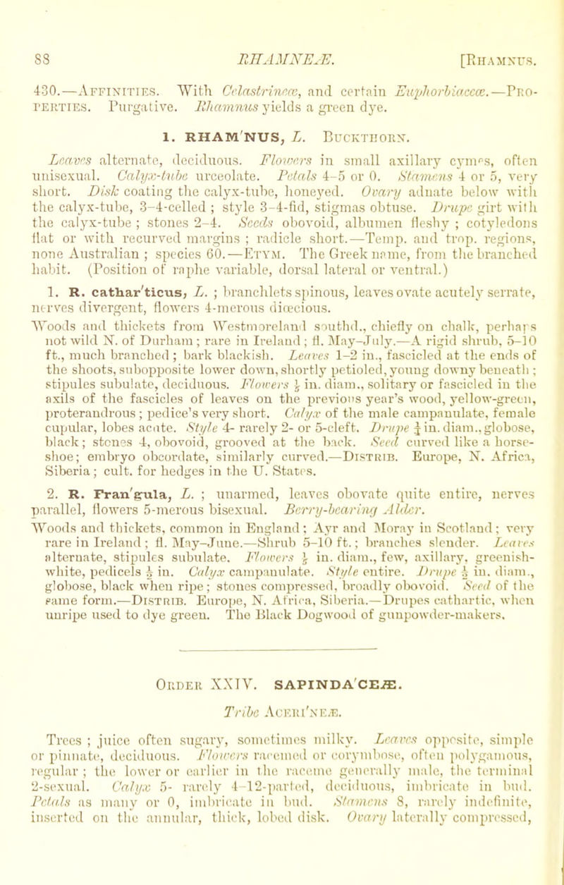 430.—Affinities. With Celaslrinr.ee, and certain Euphorbiacece.-—Pro- perties. Purgative, Ehamnus yields a green dye. 1. RHAMNUS, L. BUCKTHORN. Leaves alternate, deciduous. Flowers in small axillary cym^s, often unisexual. Calyx-tuba urceolate. Petals 4-5 or 0. Stamens 4 or 5, very short. Disk coating the calyx-tube, honeyed. Ovary aduate below with the calyx-tube, 3-4-celled ; style 3-4-fid, stigmas obtuse. Drupe girt with the calyx-tube ; stones 2-4. Seeds obovoid, albumen fleshy ; cotyledons flat or with recurved margins ; radicle short.—Temp, and trop. regions, none Australian ; species 60.—Etym. The Greek name, from the branched habit. (Position of raphe variable, dorsal lateral or ventral.) 1. R. cathar'ticus, L. ; branchlets spinous, leaves ovate acutely serrate, nerves divergent, flowers 4-merous dioecious. Woods and thickets from Westmoreland smthd., chiefly on chalk, perhaps not wild N. of Durham ; rare in Ireland ; fl. May-July.—A rigid shrub, 5-10 ft., much branched ; bark blackish. Leaves 1-2 in., fascicled at the ends of the shoots, snbopposite lower down, shortly petioled,young downy beneath ; stipules subulate, deciduous. Flowers \ in. diam., solitary or fascicled in the nxils of the fascicles of leaves on the previous year's wood, yellow-green, proterandrous ; pedice's very short. Calyx of the male campanulate, female cupular, lobes acute. Style 4- rarely 2- or 5-cleft. Drupe j in. diam..globose, black; stones 4, obovoid, grooved at the back. Seed curved like a horse- shoe; embryo obcordate, similarly curved.—Distrib. Europe, N. Africa, Siberia ; cult, for hedges iu the U. States. 2. R. Fran'g-ula, L. ; unarmed, leaves obovate quite entire, nerves parallel, flowers 5-merous bisexual. Berry-bearing Alder. Woods and thickets, common in England; Ayr and Moray iu Scotland; very rare in Ireland ; fl. May-June.—Shrub 5-10 ft.; branches slender. Leaves alternate, stipules subulate. Flowers \ in. diam., few, axillary, greenish- white, pedicels h in. Calyx campanulate. Style entire. Drupe A iu. diam., globose, black when ripe; stones compressed, broadly obovoid. Seed of the fame form.—Distrib. Europe, N. Africa, Siberia.—Drupes cathartic, when unripe used to dye greeu. The Black Dogwood of gunpowder-makers. Order XXIV. sapinda'ce^e. Tribe Aof.ri'nE/E. Trees ; juice often sugary, sometimes milky. Leaves opposite, simple or pinnate, deciduous. Flowers raremed or corymbose, often polygamous, regular; the lower or earlier in the raceme generally male, the terminal 2-sexual. Calyx 5- randy 4-12-parted, deciduous, imbricate in bud. Petals as many or fl, imbricate in bud. Stamens 8, randy indefinite, inserted on the annular, thick, lobed disk. Ovary laterally compressed,