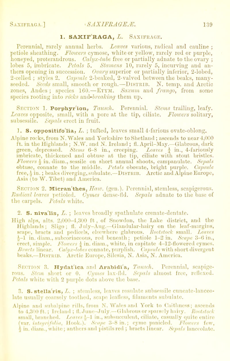 1. SAXIF RAGA, L. SAXIFRAGE. Perennial, rarely animal herbs. Leaves various, radical and cauline ; petiole sheathing. Flowers cymosc, white or yellow, rarely red or purple, honeyed, proterandrous. Calyx-lube free or partially adnate to the ovary ; lobes 5, imbricate. Petals 5. Stamens 10, rarely 5, incurving and an- thers opening in succession. Ovary superior or partially inferior, 2-lobed, 2-celled ; styles 2. Capsule 2-beaked, 2-valved between the beaks, many- seeded. Seeds small, smooth or rough.—Distrib. N. temp, and Arctic zones, Andes ; species 160.—Etym. Saxum and frango, from some species rooting into rocks and'breakiug them up. Section 1. Porphyr ion, Tausch. Perennial. Stems trailing, leafy. Leaves opposite, small, with a pore at the tip, ciliate. Floicers solitary, subsessile. Sepals erect in fruit. 1. S. oppositifo'lia, L. ; tufted, leaves small 4-farious ovate-oblong. Alpine rocks, from N.Wales and Yorkshire to Shetland ; ascends to near 4,000 ft. in the Highlands ; N.W. and N. Ireland ; fl. April-May.—Glabrous, dark green, depressed. Stems 6-8 in., creeping. Leaves J in., 4-fariously imbricate, thickened and obtuse at the tip, ciliate with stout bristles. Flowers \ iu. diam., sessile on short annual shoots, campauulate. Sepals obtuse, connate to the middle. Petals obovate, bright purple. Capsule free, h in.; beaks diverging, subulate.—DlsTrun. Arctic and Alpine Europe, Asia (to \V. Tibet) and America. Section 2. Micran'thes, Haw. (geu.). Perennial, stemless, scapigerous. Jladical leaves petioled. Cymes dense-fid. Sepals adnate to the base of the carpels. Petals white. 2. S. niva'lis, L. ; leaves broadly spathulate crenate-dentate. High alps, alts. 2,000-4,300 ft , of Snowdon, the Lake district, and the Highlands; Sligo; fl. July-Aug.—Glandular-hairy on the leaf-margins, scape, bracts and pedicels, elsewhere glabrous. Rootstock small. Leaves '.-1 in. diaro., subcoriaceous, red beneath; petiole 1-2 in. Scape 3-6 in., erect, si in pie. Flow rs [ in. diam., while, in capitate 4-12-flowered cymes. Bracts linear. ('alyx-lobes connate, purplish. ('apsule with short divergent beaks.— Dlsrimi. Arctic Kuropc, Silesia, N. Asia, N. America. Section n. iiydat'ica and Aratndi'a, Taimch. Perennial, scapige- rous. Stem short or 0. Cymes lax-lid. Sepals almost free, rcllexed. Petals white with 2 purple dots above the base. 3. S. stella'ris, //. ; Btemless, leaves rosulate subsessile cuneate-lanceo- lato usually coarsely toothed, scape leafless, filaments Bubulate. Alpine ami Hubalpino rills, from N. Wales and York to Caithness; ascends to 4,300 ft.; Ireland ; fl. June-July,—Glabrous or sparsely hairy. Rootstock small, branched. Leaves .', I in., subsucculent, ciliate, casually quite entice (var. integrifolia, Hook.). Scape 3-8 in.; cyme panicled. Flowers few, in. diam., white ; anthers and pistils red ; bracts linear. Sepals lanceolate.