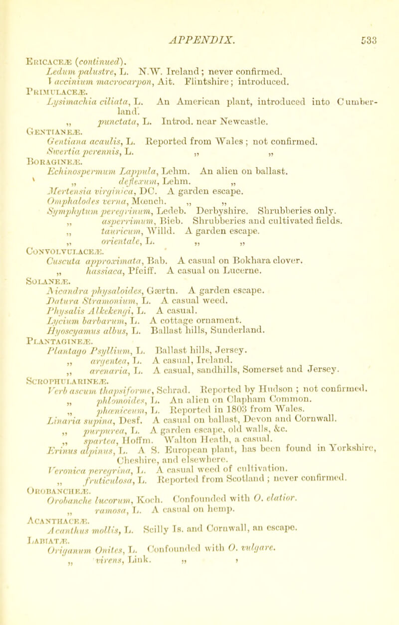 Ehicace.u (continued). Ledum palustre, L. N.W. Ireland ; never confirmed. I accinium macrocarpon, Ait. Flintshire; introduced. ritlMULACEJE. Lysimachia ciliata,lj. An American plant, introduced into Cumber- land: „ punctata, L. Introd. near Newcastle. GEXTIANEiE. Gentiana acaulis, L. Reported from Wales ; not confirmed. Swertia perennis,Ti. „ „ BORA.GLNK2E. Echinospermuvi Lappula, Lehm. An alien on ballast. v „ defle.rum, Lehm. „ Mertensia virginica, DC. A garden escape. Omphalodes vema, Mcench. „ „ Symphytum peregrinum, Ledeb. Derbyshire. Shrubberies only. „ asperrimum, Bieb. Shrubberies and cultivated fields. „ tauricum, Willd. A garden escape. „ orientate, L. „ „ COXVOI.VUI.ACE/I:. Cuscuta approximata, Bab. A casual on Bokhara clover. „ kassiaca, Pfeiff. A casual on Lucerne. JMcandra physaloides, Grertn. A garden escape. Datura Stramonium, L. A casual weed. Physalis AllceTcengi, L. A casual. Lycium barbarum, L. A cottage ornament. Hyoscyamus alius, L. Ballast hills, Sunderland. Pl.ANTA(!INK.K. Plantago Psyllium, L. Ballast hills, Jersey. „ argentea, L. A casual, Ireland. „ armaria, L. A casual, sandhills, Somerset and Jersey. Scr(OrnTI.ARINE/E. Verbascum thapsiforme, Scbrad. Beported by Hudson ; not confirmed. phlom'oides, I-. An alien on Olaphain Common. „ phceniceum, L. Reported in 18n:; from Wales. Lima in supina, Desf. A casual on ballast, Devon and Cornwall. „ purpurea, L. A garden escape, old walls, &c. „ spartro, HofFm. Walton 1 leath, a casual. Erinus alpinus, L. A S. European plant, has been found m Yorkshire, Cheshire, and elsewhere. Veronica peregrina, I,. A casual weed of cultivation. fruticulosa, I.. Reported Erom Scotland ; never confirmed. OkobancheA:. Orobanche lucorum, Koch. Confounded witb 0. elatior. „ ramosa, L. A casual on hemp. Acanthace/i:. Acanthus mollis, L. Scilly Is. and Cornwall, an escape. LaWAT/E. Origanum Onites, L. Confounded with 0. vttlgare. „ 'virens, Link. ,, >