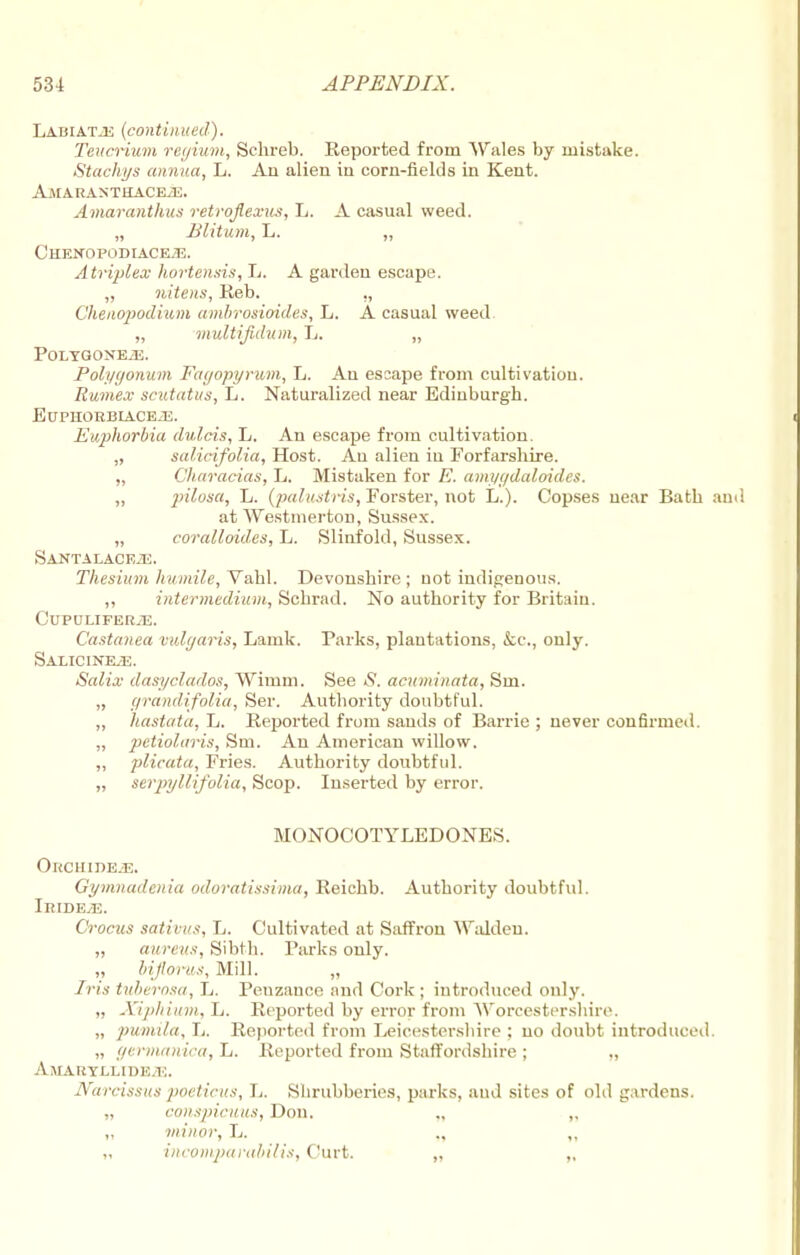 Labiatje (continued). Teucrium reyium, Schreb. Reported from Wales by mistake. Stachys annua, L. An alien in corn-fields in Kent. AmARANTHACEzE. Amaranthus retroflexus, L. A casual weed. „ Blitum, L. „ CHEN0P0DIACE;I3. Atriplex hortensis, L. A garden escape. „ nitens, Reb. ., Chenopodium ambrosioides, L. A casual weed. „ multifidum, L. „ PoLYGONE.35. Polygonum Fayopyrum, L. An esaape from cultivation. Rumex scutatus, L. Naturalized near Edinburgh. EuPHORBIACEiE. Euphorbia dulcis, L. An escape from cultivation. „ salicifolia, Host. An alien in Forfarshire. „ Characias, L. Mistaken for E. amyydaloides. „ pilosa, L. (palustris, Forster, not L.). Copses near Bath and at Westmerton, Sussex. „ coralloides, L. Slinfold, Sussex. SANTALACE2E. Thesium humile, Vahl. Devonshire; not indigenous. ,, intermedium, Schrad. No authority for Britain. C'UPULIFER.U. Castanea vulgaris, Lamk. Parks, plantations, &c, only. Salicinke. Salix dasyclados, Wimm. See 5. acuminata, Sm. „ grandifolia, Ser. Authority doubtful. „ hastata, L. Reported from sands of Barrie ; never confirmed. „ petiolaris, Sm. An American willow. „ plicata, Fries. Authority doubtful. „ serpyllifolia, Scop. Inserted by error. MONOCOTYLEDONES. Orciiidejj. Gymnadenia odoratissima, Reichb. Authority doubtful. IniDE^E. Crocus sativus, L. Cultivated at Saffron Walden. „ aureus, Sibth. Parks only. „ biflorus, Mill. „ Iris tuberosa, L. Penzance and Cork; introduced only. „ Xijdiiurn, L. Reported by error from Worcestershire. „ pumila, L. Reported from Leicestershire ; no doubt introduced. „ germanica,li. Reported from Staffordshire ; „ Amaryllidk.i:. Narcissus pm lirus, L. Shrubberies, parks, and sites of old gardens. „ conspicuus, Don. ., ,, „ minor, L. ., ,, „ iiiivmparabilis, Curt. ,. „