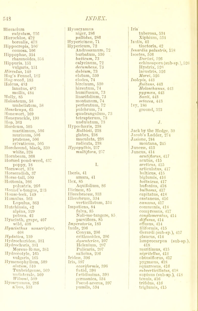 Hieraeium vulgatum, 236 Hierochloe, 472 borealis, 47-. Ilippocrepis, 100 comosa, 106 1 lippophae, 354 rhamnoides, 351 Hippuris, 151 vulgaris, 151 Hi renins, 140 Hog's Fennel, 1S2 Hog-weed, 1S3 Uolcus, 4S3 lanatus, 4C3 mollis, 484 Holly, 85 Molosteum, 58 umbellatum, 5S Honckenya, 65 ITonewort, 169 Honeysuckle, 190 Hop, 363 Hordeum, 505 maritimum, 506 murinum, 506 pratense, 506 sylvaticum, 505 Horehound, black, 330 wliite, 324 Hornbeam, 368 Horned pond-weed, 437 poppy, IS Hornwort, 378 Horseradish, 37 Horse-tail, 500 Ilottonia, 266 palustris, 266 FTound's-tongue, 2i'3 House-leek, 149 Hamulus. 363 Lupulus, 363 Hutchinsia, 4 2 alpina, 5ii9 petnea. 42 Hyacinth, grape, 407 wild, 40S Ilyacinthus nonieriptut, 40S Kydatica, 139 ! rydrocharideae, 3S1 Hydrocharis, 381 Morsus-Rnme, 381 Hydroootyle, 165 vulgaris, 165 Hymenophyllum, 509 nlntiim. 510 Tunhridgensc, 509 unilaterale, 509 Wibsoni, 509 Hyoscyamus, 2SC alinis, 533 Hyosoyam us niger, 2S6 pallidas, 2S6 Hypericinese, 71 Hypericum, 72 Androsaiinum, 72 barbatum, 530 boeticum, 73 calycinum, 72 der.umbens, 73 dnbium, 73 datum, 530 clorles, 74 hircinum, 530 hirsutum, 74 humifusum, 73 linarifolium, 73 montamim, 74 perforatum, 72 pulchrum, 74 quadrangulum, 73 tetrapterum, 73 undulatum, 73 Hypoehseris, 238 Balbisii, 23S glabra, 23S maculata, 238 radicata, 23S HypopythU, 257 multiflora, 257 I. Iberis, 41 amara, 41 Ilex, 85 Aquifolium, 86 [licinese, 85 Illecebracese, 333 Illecebrum, 334 verticillatum, 334 [mpatiens, 84 fulva, 85 Noli-me-tangere, 85 parviflora, 85 Imyierataria, 183 Inula, 206 Conyza, 206 orithmoides, 206 dytenterica, 207 Helonium, 207 Pulicaria, 207 salielna, 206 IrideEB, 396 Iris, :;97 aeorlformit, 39S foetid, 393 f rtidissimn, 893 germanica, 534 Pseud-aoorus, 397 pumiln, 534 Iris tuberosa, 534 Xiphium, 531 Is itis, 42 tinctoria, 42 Itnardia palustris, 158 Isoetes, 526 Durimi, 526 echinospora (sub-sp.), 526 Hystrix, 526 lacustris, 526 Morel, 526 Itolepin, 143 fluitatu, 443 Holoschnnits. 443 pygnuea, 443 Savii, 443 sf.tacea, 443 Ivy, 186 ground, 323 J. Jack by the Hedge. 30 Jacob's Ladder, 274 Jasione, 244 montana, 245 Juneeai, 413 Juucus, 414 acutifloru*. 417 acutus, 415 arcticm, 415 articulatus, 417 b.ilticus. 415 biglumis, 416 bottnicus, 417 bufonius, 418 bulbosus, 417 capitatus, 41S castaneus, 416 canosus, 417 communis, 414 comprcssus, 417 conglomerate, 414 diffusus, 414 effusns, 414 Bliformis, 415 Oerardi (sub-sp), 417 claucus, il l lamprocarpus (sub-sp.). 418 mnritimus, 415 nigriteUut, 41S obtusiflorus, 41 r pygmseus, 418 squnrrosus, 416 subvertieiUatus, 418 supinus (sub-sp.), 418 tenuis, 416 trindus. 410 triglumis, 415