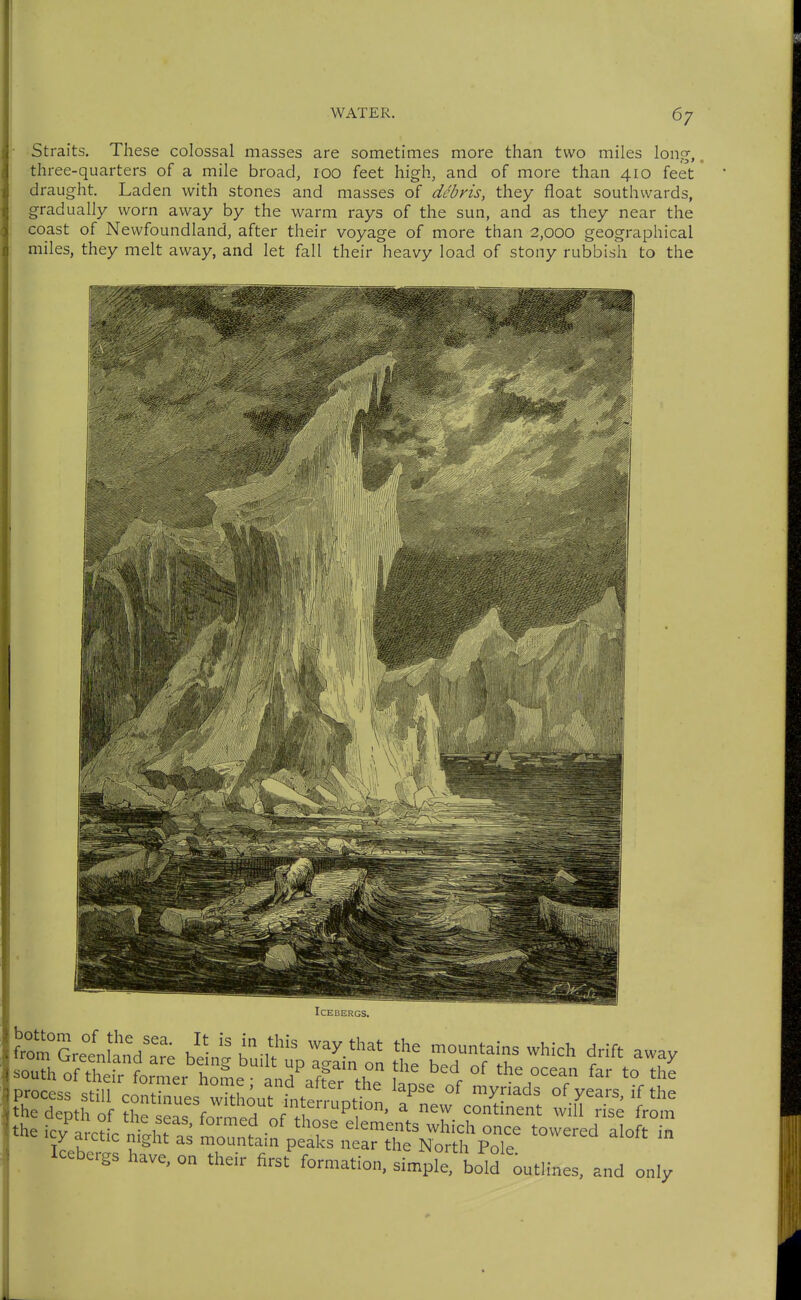 Straits. These colossal masses are sometimes more than two miles long-, three-quarters of a mile broad, 100 feet high, and of more than 410 feet draught. Laden with stones and masses of debris, they float southwards, gradually worn away by the warm rays of the sun, and as they near the coast of Newfoundland, after their voyage of more than 2,000 geographical miles, they melt away, and let fall their heavy load of stony rubbish to the Icebergs arctic night as mountain peaks near the North Pole Icebergs have, on their first formation, simple, bolf outlines, and only