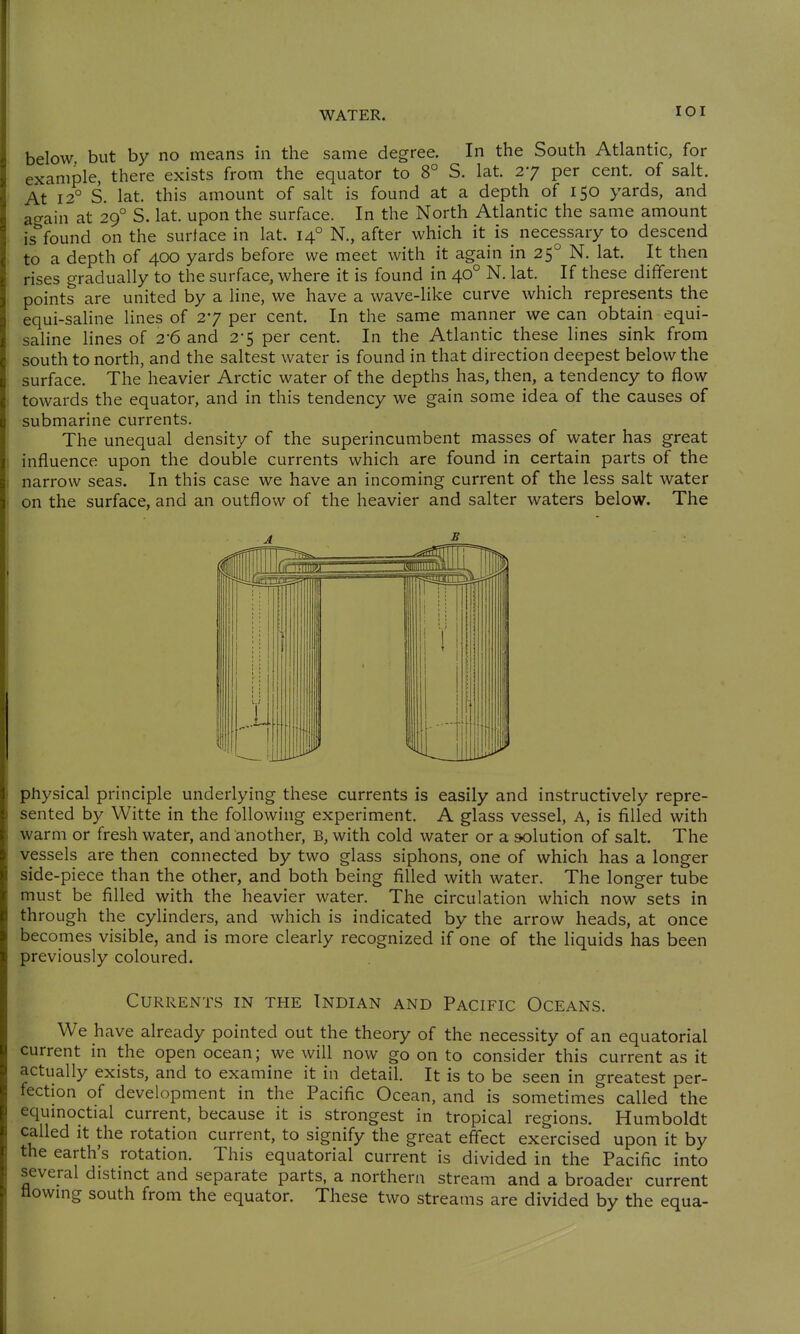 lOI below but by no means in the same degree. In the South Atlantic, for example, there exists from the equator to 8° S. lat. 27 per cent, of salt. At 12° S. lat. this amount of salt is found at a depth of 150 yards, and acrain^at 29° S. lat. upon the surface. In the North Atlantic the same amount is^found on the surface in lat. 14° N., after which it is necessary to descend to a depth of 400 yards before we meet with it again in 25° N. lat. It then rises gradually to the surface, where it is found in 40° N. lat. If these different points are united by a line, we have a wave-like curve which represents the equi-saline lines of 27 per cent. In the same manner we can obtain equi- saline lines of 2*6 and 2*5 per cent. In the Atlantic these lines sink from south to north, and the saltest water is found in that direction deepest below the surface. The heavier Arctic water of the depths has, then, a tendency to flow towards the equator, and in this tendency we gain some idea of the causes of submarine currents. The unequal density of the superincumbent masses of water has great influence upon the double currents which are found in certain parts of the narrow seas. In this case we have an incoming current of the less salt water on the surface, and an outflow of the heavier and salter waters below. The physical principle underlying these currents is easily and instructively repre- sented by Witte in the following experiment. A glass vessel. A, is filled with warm or fresh water, and another, B, with cold water or a solution of salt. The vessels are then connected by two glass siphons, one of which has a longer side-piece than the other, and both being filled with water. The longer tube must be filled with the heavier water. The circulation which now sets in through the cylinders, and which is indicated by the arrow heads, at once becomes visible, and is more clearly recognized if one of the liquids has been previously coloured. Currents in the Indian and Pacific Oceans. We have already pointed out the theory of the necessity of an equatorial current in the open ocean; we will now go on to consider this current as it actually exists, and to examine it in detail. It is to be seen in greatest per- fection of development in the Pacific Ocean, and is sometimes called the equmoctial current, because it is strongest in tropical regions. Humboldt called it the rotation current, to signify the great effect exercised upon it by the earth's rotation. This equatorial current is divided in the Pacific into several distinct and separate parts, a northern stream and a broader current tlowmg south from the equator. These two streams are divided by the equa-