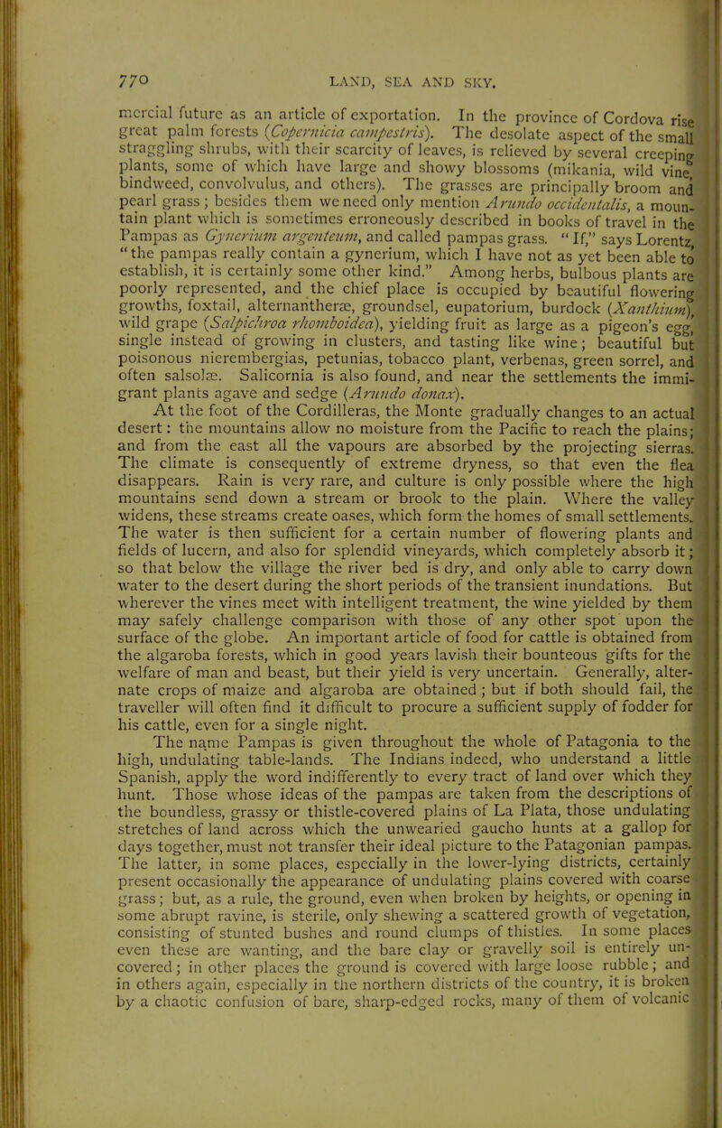 mcrcial future as an article of exportation. In the province of Cordova rise great palm forests {Copcrnicia canipestris). The desolate aspect of the small straggling shrubs, with their scarcity of leaves, is relieved by several creepinfr plants, some of which have large and showy blossoms (mikania, wild vine bindweed, convolvulus, and others). The grasses are principally broom and pearl grass ; besides them we need only mention Arundo occidentalis, a moun- tain plant which is sometimes erroneously described in books of travel in the Pampas as Gyncrhim argenteiim, and called pampas grass.  If, says Lorentz the pampas really contain a gynerium, which I have not as yet been able to establish, it is certainly some other kind. Among herbs, bulbous plants are poorly represented, and the chief place is occupied by beautiful flowering growths, foxtail, alternaritherjE, groundsel, eupatorium, burdock {Xajiihmm), wild grape {Salpichroa rJwmhoidca), yielding fruit as large as a pigeon's egg' single instead of growing in clusters, and tasting like wine ; beautiful but poisonous nierembergias, petunias, tobacco plant, verbenas, green sorrel, and often salsolcc. Salicornia is also found, and near the settlements the immi- grant plants agave and sedge {Anuido donax). At the foot of the Cordilleras, the Monte gradually changes to an actual desert: the mountains allow no moisture from the Pacific to reach the plains; and from the east all the vapours are absorbed by the projecting sierras. The climate is consequently of extreme dryness, so that even the flea disappears. Rain is very rare, and culture is only possible where the high mountains send down a stream or brook to the plain. Where the valley widens, these streams create oases, which form the homes of small settlements. The water is then sufficient for a certain number of flowering plants and fields of lucern, and also for splendid vineyards, which completely absorb it; so that below the village the river bed is dry, and only able to carry down water to the desert during the short periods of the transient inundations. But wherever the vines meet with intelligent treatment, the wine yielded by them may safely challenge comparison with those of any other spot upon the surface of the globe. An important article of food for cattle is obtained from the algaroba forests, which in good years lavish their bounteous gifts for the welfare of man and beast, but their yield is very uncertain. Generally, alter- nate crops of maize and algaroba are obtained ; but if both should fail, the traveller will often find it difficult to procure a sufficient supply of fodder for his cattle, even for a single night. The name Pampas is given throughout the whole of Patagonia to the high, undulating table-lands. The Indians indeed, who understand a little Spanish, apply the word indifferently to every tract of land over which they hunt. Those whose ideas of the pampas are taken from the descriptions of < the boundless, grassy or thistle-covered plains of La Plata, those undulating | stretches of land across which the unwearied gaucho hunts at a gallop for J days together, must not transfer their ideal picture to the Patagonian pampas. The latter, in some places, especially in the lower-lying districts,^ certainly present occasionally the appearance of undulating plains covered with coarse grass; but, as a rule, the ground, even when broken by heights, or opening in some abrupt ravine, is sterile, only shewing a scattered growth of vegetation, consisting of stunted bushes and round clumps of thistles. In some places even these are wanting, and the bare clay or gravelly soil is entirely un- covered ; in other places the ground is covered with large loose rubble; and in others again, especially in the northern districts of the country, it is broken . by a chaotic confusion of bare, sharp-edged rocks, many of them of volcanic .