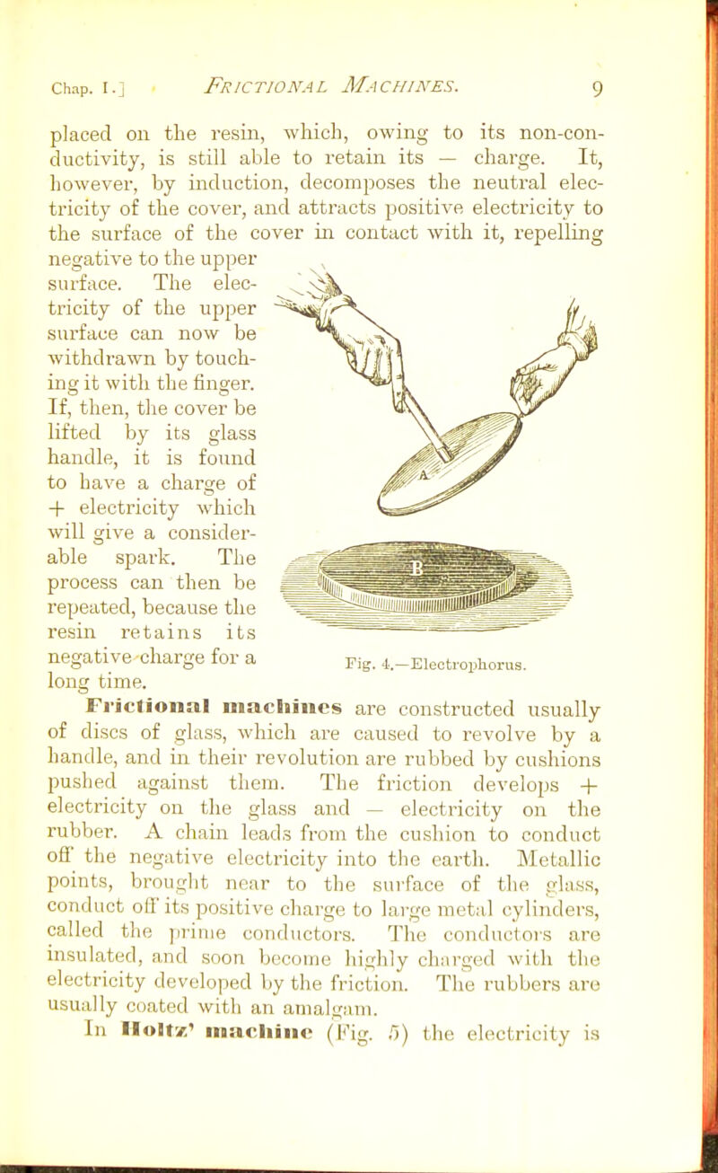 Frictional Machines. placed oil the resin, which, owing to its non-con- ductivity, is still able to retain its — charge. It, however, by induction, decomposes the neutral elec- tricity of the cover, and attracts positive electricity to the surface of the cover in contact with it, repelling negative to the upper surface. The elec- tricity of the upper surface can now be withdrawn by touch- ing it with the finger. If, then, tlie cover be lifted by its glass handle, it is found to have a charge of + electricity which will give a consider- able spark. The process can then be repeated, because the resin retains its negative charge for a ^ig. 4..-Eiectrophorus. long time. Frictional macliincs are constructed usually of discs of glass, which are caused to revolve by a handle, and in their revolution are rubbed by cushions pushed against them. The friction develops + electricity on the glass and — electricity on the rubber. A chain leads from the cushion to conduct off the negative electricity into the earth. Metallic points, brought near to the surface of the glass, conduct off its positive charge to large metal cylinders, called the ]irinie conductors. The conductors are insulated, and soon become highly charged with the electricity developed by the friction. The rubbers are usually coated with an anialgani. In Iloltz' inacliiiio (Fig. 5) the electricity is