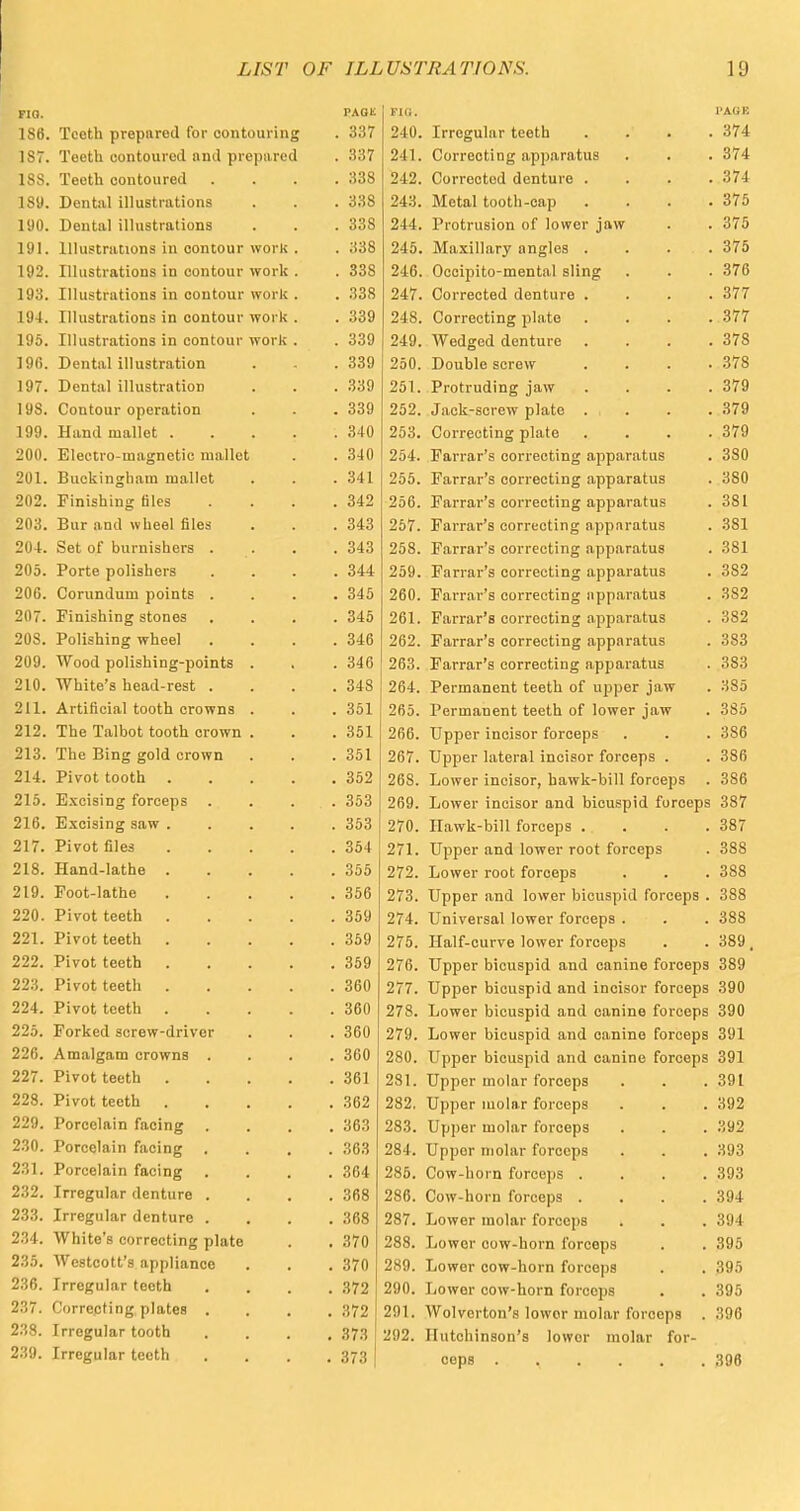 FIO. PAGK 11 AG K 1 cit n^nntli >•>voiii) rf>(i fnr pnYitnnvincr XoDi 1 i t I 1 [ [Mi [Kill i[ iui ' 1 1 11 i 1 m i i i 11 337 940 Trrpcriilur fpfifh —■ i >J. _i_ i i iji; Lini i i ■. iii • • ■ 374 l^1- 'I'optli i«m fnii 1'Pil )l n <1 lirpiiii rpn 1 O t • J. JUL. 11 UU 11 LU ll 1 VA1 (l llVI Ul CUILI vU 337 24 1 DnrrpfiH n <»■ nnim rn.tns 374 XOO* J. oU LU Lull L,v 111 CU . • • . 338 'M 2 (Ii >rrppfrul rl pntn rft 374 1 Qll lijniil i 11 ii st r«i 11 fill? 338 Mpfnl fnnth-nnn 375 1 i 1 '. 1 ' 1 11 till 1 1 I 11M 1 11 l 1'.' 11 a . • 338 'M l l-*rnfrnfiinn nf Invvp.i* lftw 375 101 llliictriiriniis in pnntniiT* wn t* 1; 1 1 . J. 1 M 1 M I < 1 1 [ 1 > 11 0 111 LA.' 11 l.l l 111 IVUI l\ i 338 94 5 ATn villnrv nil crl pq 375 TO'' TllncfrvnfinnQ iti pnn t mi r wnrk 338 9d.fi Oppinitn -mpnfnl qliTKT — i'i. ' 1 '. 1 1 1 1 i ' ' nil ill .I i ini _ . * 376 1 Q ,-i T1111rnfinn5 iii pontnnr work 338 94.7 (Invrppfpfl flpntnm 377 104 Tllnat'i*iit'inn« in Pfinfrmii' wnv k i .' i . ill via Li .lining i ii L.uiiii.1 u i »» u i i\ . 339 94 S nnrt'O/itiTKr i\lntp /jrkO, vjUI 1 LJLLlIig UUltO . ■ • < 377 105 Tl 1 iiQfrnfiring in pnnt'mir wnrk I ■ 1 1 ■ 1 1 1 1 . 1 l . ' 1 1 1 S 1<I1 1 '111 l 'Mil M Ul I\ . 339 940 \A/ af\crarl Honftii'fl — 11'. »v iii^i u umiiuic . • • 378 10li T)piitnl illnsfrnfifin 339 9'i(1 Tlnn nio cpi*pw 378 107 Dpntnl illnstrntinn * is 1 . J-/ v. 11 Lit 1 11 ILlOtl <i 11UU • * . 339 9^1 Prnti'iir 1 in o in w Ajlt rlULlUUILlg J»> • ■ • 379 1 OS Clnntnnr nnprntion . 339 959 .Tnplr-cprpw nlnfo ~- >< — . -l.l1 l\ - ' IV » > [PlillV • . . < 379 100 Hand mallet 1 v 1/1 AlilllLl lllilllCl * . * ■ 340 9/iX flnvrpptincr nlntp — \J \J l l ' ' l t 1 1 _ LJ r i 1 1 ' . . • i 379 200. Electro-magnetic mallet . 340 254. Farrar's correcting apparatus . 380 201. Buckingham mallet ■ • . 341 9fifi T^nrrnr^q pnri'PPtinfT JinTin,rfltus — ■ ■ ' . 1 ■ 1 l J . 1 • O L/Ul 1 CULLUq <(|'j'.ki<kiM. i 3S0 202. Finishing tiles 342 9Sfi 17(irvnpfii'i'ppHno* nvinfii'nfiiq — ill'. X (vl 1 tvl O LUI 1 tLMll^ tl 1 11 ' (l l <l l Li ■ ■ 381 203. Bur and wheel files . 343 957 T?fivrsir*q nnrrpptino* nunnrntiis — • ' 1 . X ill 1 ill S 1 ' 1 I 1 ' 1 1 1 I 1 ^  l l • 381 204. Set of burnishers . . . . 343 9/SS l?nvrnr'*i pnrrppfincr nnnn,rnt,us ijU U ■ X (ti 1 Cvl o UU1 1 tuilllg ii J Mil I dine a 381 205. Porte polishers . • • . 344 950 T^nrrnv'q nnrrppfino- nnnsiVJitiiS 3S2 9flfi Onninrliiin vminfs — WU1 UUUU1I1 UvlUtO ... . 345 9fiO T7n i*T*n v'q prwT'PP'fin rr n Tinn l*!l til ^ j£UU• 1 <i 1 1 .1 1 S I f.' I I L I. 11111^ l l * 382 0T pini^riintr nfnnpq — ' t • X 1 UlOL-1111 g CtUHCO • • ■ 345 zdl, rarrar b coircCLiug iipptiid/ius . 382 20S. Polishing wheel . 346 9fi9 17irrnr'*i pnrrpplinir nnnnrfitim —'' — . X ill 1 ill O LUl ICLftlUg I f Llo . 383 209. Wood polishing-points . . . 346 — !'->. X ill I ill B LUIX CULll-lg HI U.LUO ■ 383 210. White's head-rest . . 348 9fl4 Ponin n npti t tppfli nf* n mtpr 131 w — HI. 1 Cl 1111111 L 11 L Utlll Ul Ll [J 1JCX J Hi tT • 385 211. Artificial tooth crowns . . 351 265. Permanent teeth of lower jaw 385 212. The Talbot tooth crown . . 351 266. Upper incisor forceps 386 213. The Bing gold crown . 351 267. Upper lateral incisor forceps . 386 214. Pivot tooth .... . 352 26S. Lower incisor, hawk-bill forceps 386 215. Excising forceps . 353 269. Lower incisor and bicuspid forceps 387 216. Excising saw .... . 353 270. Hawk-bill forceps 387 217. Pivot files .... . 354 271. Upper and lower root forceps 388 218. Hand-lathe .... . 355 272. Lower root forceps 388 219. Foot-lathe .... . 356 273. Upper and lower bicuspid forceps . 388 220. Pivot teeth .... . 359 274. Universal lower forceps . 388 221. Pivot teeth .... . 359 275. Half-curve lower forceps 389. 222. Pivot teeth .... . 359 276. Upper bicuspid and canine forceps 389 223. Pivot teeth .... . 360 277. Upper bicuspid and incisor forceps 390 224. Pivot teeth .... . 360 278. Lower bicuspid and canine forceps 390 225. Forked screw-driver . . . 360 279. Lower bicuspid and canine forceps 391 220. Amalgam crowns . . • . 360 280. Upper bicuspid and canine forceps 391 227. Pivot teeth .... . 361 281. Upper molar forceps 391 228. Pivot teeth .... 362 282. Upper molar forceps 392 229. Porcelain facing . . 363 283. Upper molar forceps 392 230. Porcelain facing 363 284. Upper molar forceps 393 231. Porcelain facing . . , . 364 285. Cow-horn forceps .... 393 232. Irregular denture . . , . 368 286. Cow-horn forceps .... 394 233. Irregular denture . . . 368 287. Lower molar forceps 394 234. White's correcting plate 288. Lower cow-horn forceps 395 235. Wcstcott's appliance . 370 289. Lower cow-horn forceps 395 236. Irregular toeth . 372 290. Lower cow-horn forceps 395 237. Correcting plates . . 372 291. Wolverton's lower molar forceps . 396 238. Irregular tooth . . 373 292. Hutchinson's lowor molar for- 239. Irregular teeth . 373 | oeps . r . . • , 396