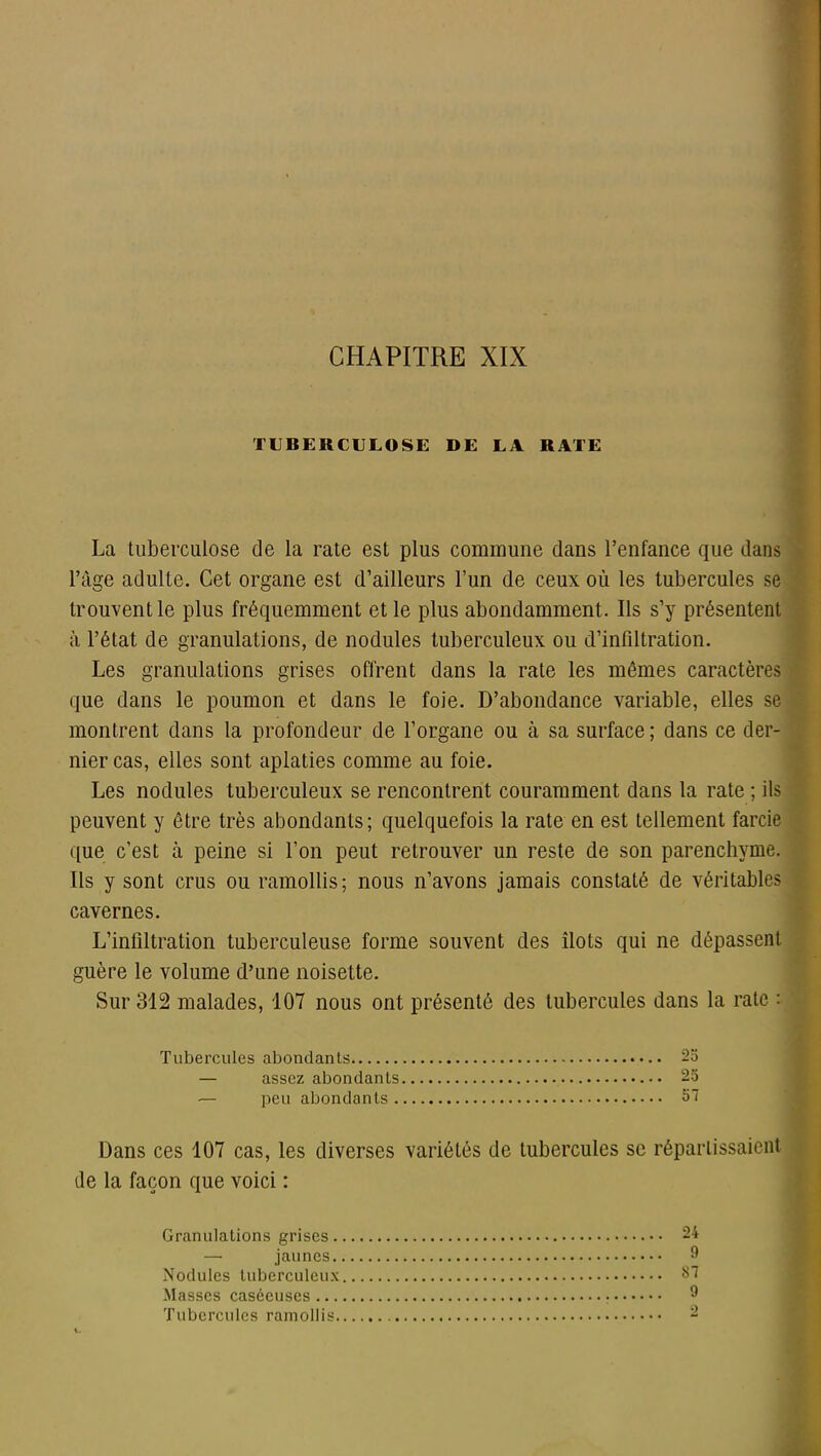 TUBERCULOSE DE LA RATE La tuberculose de la rate est plus commune dans l’enfance que dans l’àge adulte. Cet organe est d’ailleurs l’un de ceux où les tubercules se trouvent le plus fréquemment et le plus abondamment. Ils s’y présentent à l’état de granulations, de nodules tuberculeux ou d’infiltration. Les granulations grises offrent dans la rate les mêmes caractères que dans le poumon et dans le foie. D’abondance variable, elles se montrent dans la profondeur de l’organe ou à sa surface ; dans ce der- nier cas, elles sont aplaties comme au foie. Les nodules tuberculeux se rencontrent couramment dans la rate ; ils peuvent y être très abondants; quelquefois la rate en est tellement farcie que c’est à peine si l’on peut retrouver un reste de son parenchyme. Ils y sont crus ou ramollis; nous n’avons jamais constaté de véritables cavernes. L’infiltration tuberculeuse forme souvent des îlots qui ne dépassent guère le volume d’une noisette. Sur 312 malades, 107 nous ont présenté des tubercules dans la rate : Tubercules abondants 25 — assez abondants 25 peu abondants 51 Dans ces 107 cas, les diverses variétés de tubercules sc réparlissaicnt de la façon que voici : Granulations grises. —■ jaunes. Nodules tuberculeux Masses caséeuses ... Tubercules ramollis.