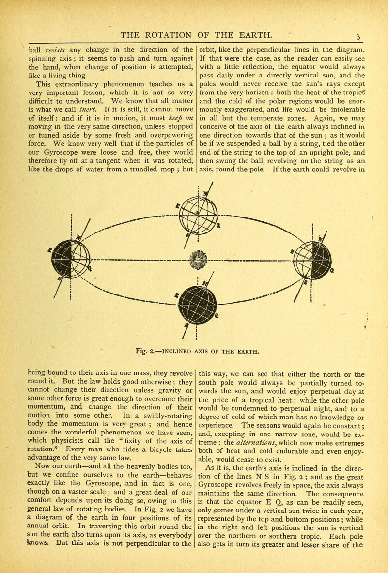 ball resists any change in the direction of the spinning axis; it seems to push and turn against the hand, when change of position is attempted, like a living thing. This extraordinary phenomenon teaches us a very important lesson, which it is not so very difficult to understand. We know that all matter is what we call mert. If it is still, it cannot move of itself: and if it is in motion, it must keep on moving in the very same direction, unless stopped or turned aside by some fresh and overpowering force. We know very well that if the particles of our Gyroscope were loose and free, they would therefore fly off at a tangent when it was rotated, like the drops of water from a trundled mop ; but being bound to their axis in one mass, they revolve round it. But the law holds good otherwise : they cannot change their direction unless gravity or some other force is great enough to overcome their momentum, and change the direction of their motion into some other. In a swiftly-rotating body the momentum is very great ; and hence comes the wonderful phenomenon we have seen, which physicists call the  fixity of the axis of rotation. Every man who rides a bicycle takes advantage of the very same law. Now our earth—and all the heavenly bodies too, but we confine ourselves to the earth—behaves exactly like the Gyroscope, and in fact is one, though on a vaster scale ; and a great deal of our comfort depends upon its doing so, owing to this general law of rotating bodies. In Fig. 2 we have a diagram of the earth in four positions of its annual orbit. In traversing this orbit round the sun the earth also turns upon its axis, as everybody knows. But this axis is not perpendicular to the 5 orbit, like the perpendicular lines in the diagram. If that were the case, as the reader can easily see with a little reflection, the equator would always pass daily under a directly vertical sun, and the poles would never receive the sun's rays except from the very horizon : both the heat of the tropic? and the cold of the polar regions would be enor- mously exaggerated, and life would be intolerable in all but the temperate zones. Again, we may conceive of the axis of the earth always inclined in one direction towards that of the sun ; as it would be if we suspended a ball by a string, tied the other end of the string to the top of an upright pole, and then swung the ball, revolving on the string as an axis, round the pole. If the earth could revolve in this way, we can see that either the north or the south pole would always be partially turned to- wards the sun, and would enjoy perpetual day at the price of a tropical heat; while the other pole would be condemned to perpetual night, and to a degree of cold of which man has no knowledge or experieijce. The seasons would again be constant; and, excepting in one narrow zone, would be ex- treme : the alternations, which now make extremes both of heat and cold endurable and even enjoy- able, would cease to exist. As it is, the earth's axis is inclined in the direc- tion of the lines N S in Fig. 2 ; and as the great Gyroscope revolves freely in space, the axis always maintains the same direction. The consequence is that the equator E Q, as can be readily seen, only comes under a vertical sun twice in each year, represented by the top and bottom positions ; while in the right and left positions the sun is vertical over the northern or southern tropic. Each pole also gets in turn its greater and lesser share of the