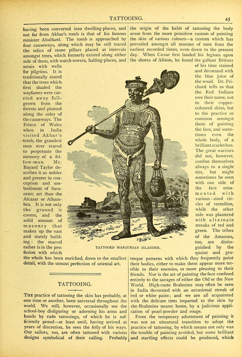 TATTOOING. having been converted into dwelling-places, and not far from Akbar's tomb is that of his famous minister Abulfazel. The tomb is approached by four causeways, along which may be still traced the rehcs of stone pillars placed at intervals amongst trees, which formerly existed along either side of them, with watch-towers, halting-places, and serais with wells for pilgrims. It is traditionally stated that the trees which first shaded the wayfarers were car- ried away Full- grown from the forests and planted along the sides of the causeways. The Prince of Wales ■when in India visited Akbar's tomb, the grandest men ever reared to perpetuate the memory of a fel- low-man. Mr. Bayard Taylor de- scribes it as nobler and greater in con- ception and em- bodiment of Sara- cenic art than the Alcazar or Alham- bra. It is not only the ground it covers, and the solid amount of masonry that makes up the vast and stately build- ing : the marvel rather is in the pro- fusion with which the whole has been enriched, down to the smallest detail, with the utmost perfection of oriental art. TATTOOED MARQUESAN ISLANDER. TATTOOING. The practice of tattooing the skin has probably, at one time or another, been universal throughout the world. We still, however, occasionally see the school-boy disfiguring or adorning his arms and hands by rude tattooings, of which he is suf- ficiently proud—at least until, having arrived at years of discretion, he sees the folly of his ways. Our sailors, too, are often tattooed with various designs symbolical of their calling. Probably the origin of the habit of tattooing the body arose from the more primitive custom of painting the skin of various colours—a custom which has prevailed amongst all manner of men from the earliest recorded times, even down to the present day. When Caesar first landed his legions upon the shores of Albion, he found the gallant Britons of his time stained and decorated with the blue juice of the woad. Dr. Pri- chard tells us that the Red Indians owe their name, not to their copper- coloured skins, but to the practice so common amongst them of painting the face, and some- times even the whole body, of a brilliant scarlet hue. The great warriors did not, however, confine themselves always to a single tint, but might sometimes be seen with one side of the face orna- mented with various - sized cir- cles of vermilion, while the other side was plastered with alternate streaks of red and green. The tribes of the Amazons, too, are distin- guished by the quaint and gro- tesque patterns with which they frequently paint their bodies, either to make them appear more ter- rible to their enemies, or more pleasing to their friends. Nor is the art of painting the face confined entirely to the savages of either the Old or the New- World. High-caste Brahmins may often be seen in India decorated with an occasional streak of red or white paint; and we are all acquainted with the delicate tints imparted to the skin by she-Brahmins nearer home, by a judicious appli- cation of pearl-powder and rouge. From the temporary adornment of painting it was not an unnatural transition to adopt the practice of tattooing, by which means not only was the trouble of painting avoided, but some brilliant and startling effects could be produced, which