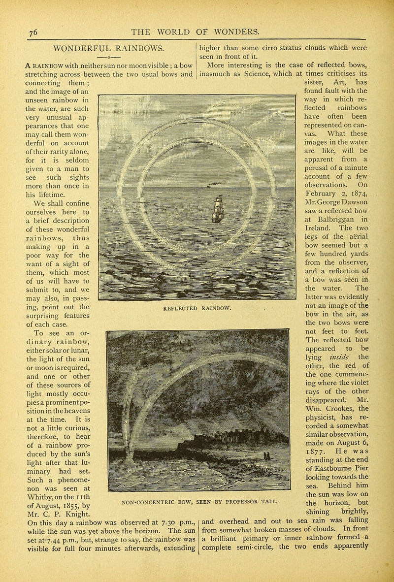 WONDERFUL RAINBOWS. A RAINBOW with neither sun nor moon visible ; a bow stretching across between the two usual bows and connecting them ; and the image of an unseen rainbow in the water, are such very unusual ap- pearances that one may call them won- derful on account of their rarity alone, for it is seldom given to a man to see such sights more than once in his lifetime. We shall confine ourselves here to a brief description of these wonderful rainbows, thus making up in a poor way for the want of a sight of them, which most of us will have to submit to, and we may also, in pass- ing, point out the surprising features of each case. To see an or- dinary rainbow, either solar or lunar, the light of the sun or moon is required, and one or other of these sources of light mostly occu- pies a prominent po- sition in the heavens at the time. It is not a little curious, therefore, to hear of a rainbow pro- duced by the sun's light after that lu- minary had set. Such a phenome- non was seen at Whitby,on the nth of August, 1855, by Mr. C. P. Knight, On this day a rainbow was observed at 7.30 p.m., while the sun was yet above the horizon. The sun set at-7.44 p.m., but, strange to say, the rainbow was visible for full four minutes afterwards, extending REFLECTED RAINBOW, NON-CONCENTRIC BOW, SEEN BY PROFESSOR TAIT higher than some cirro stratus clouds which were seen in front of it. More interesting is the case of reflected bows, inasmuch as Science, which at times criticises its sister. Art, has found fault with the way in which re- flected rainbows have often been represented on can- vas. What these images in the water are like, will be apparent from a perusal of a minute account of a few observations. On February 2, 1874, Mr. George D awson saw a reflected bow at Balbriggan in Ireland. The two legs of the aerial bow seemed but a few hundred yards from the observer, and a reflection of a bow was seen in the water. The latter was evidently not an image of the bow in the air, as the two bows were not feet to feet. The reflected bow appeared to be lying inside the other, the red of the one commenc- ing where the violet rays of the other disappeared. Mr. Wm. Crookes, the physicist, has re- corded a somewhat similar observation, made on August 6, 1877. He was standing at the end of Eastbourne Pier looking towards the sea. Behind him the sun was low on the horizon, but shining brightly, and overhead and out to sea rain was falling from somewhat broken masses of clouds. In front a brilliant primary or inner rainbow formed a complete semi-circle, the two ends apparently