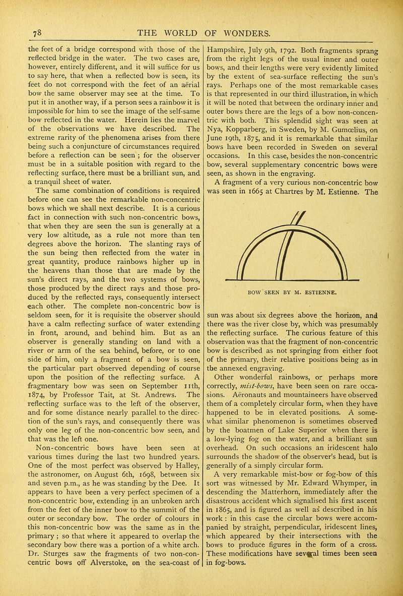the feet of a bridge correspond with those of the reflected bridge in the water. The two cases are, however, entirely different, and it will suffice for us to say here, that when a reflected bow is seen, its feet do not correspond with the feet of an aerial bow the same observer may see at the time. To put it in another way, if a person sees a rainbow it is impossible for him to see the image of the self-same bow reflected in the water. Herein lies the marvel of the observations we have described. The extreme rarity of the phenomena arises from there being such a conjuncture of circumstances required before a reflection can be seen ; for the observer must be in a suitable position with regard to the reflecting surface, there must be a brilliant sun, and a tranquil sheet of water. The same combination of conditions is required before one can see the remarkable non-concentric bows which we shall next describe. It is a curious fact in connection with such non-concentric bows, that when they are seen the sun is generally at a very low altitude, as a rule not more than ten degrees above the horizon. The slanting rays of the sun being then reflected from the water in great quantity, produce rainbows higher up in the heavens than those that are made by the sun's direct rays, and the two systems of bows, those produced by the direct rays and those pro- duced by the reflected rays, consequently intersect each other. The complete non-concentric bow is seldom seen, for it is requisite the observer should have a calm reflecting surface of water extending in front, around, and behind him. But as an observer is generally standing on land with a river or arm of the sea behind, before, or to one side of him, only a fragment of a bow is seen, the particular part observed depending of course upon the position of the reflecting surface. A fragmentary bow was seen on September nth, 1874, by Professor Tait, at St. Andrews. The reflecting surface was to the left of the observer, and for some distance nearly parallel to the direc- tion of the sun's rays, and consequently there was only one leg of the non-concentric bow seen, and that was the left one. Non-concentric bows have been seen at various times during the last two hundred years. One of the most perfect was observed by Halley, the astronomer, on August 6th, 1698, between six and seven p.m., as he was standing by the Dee. It appears to have been a very perfect specimen of a non-concentric bow, extending in an unbroken arch from the feet of the inner bow to the summit of the outer or secondary bow. The order of colours in this non-concentric bow was the same as in the primary ; so that where it appeared to overlap the secondary bow there was a portion of a white arch. Dr. Sturges saw the fragments of two non-con- centric bows off Alverstoke, on the sea-coast of Hampshire, July 9th, 1792. Both fragments sprang from the right legs of the usual inner and outer bows, and their lengths were very evidently limited by the extent of sea-surface reflecting the sun's rays. Perhaps one of the most remarkable cases is that represented in our third illustration, in which it will be noted that between the ordinary inner and outer bows there are the legs of a bow non-concen- tric with both. This splendid sight was seen at Nya, Kopparberg, in Sweden, by M. Gumoelius, on June 19th, 1875, and it is remarkable that similar bows have been recorded in Sweden on several occasions. In this case, besides the non-concentric bow, several supplementary concentric bows were seen, as shown in the engraving. A fragment of a very curious non-concentric bow was seen in 1665 at Chartres by M. Estienne. The BOW SEEN BY M. ESTIENNE. sun was about six degrees above the horizon, and there was the river close by, which was presumably the reflecting surface. The curious feature of this observation was that the fragment of non-concentric bow is described as not springing from either foot of the primary, their relative positions being as in the annexed engraving. Other wonderful rainbows, or perhaps more correctly, mist-bows, have been seen on rare occa- sions. Aeronauts and mountaineers have observed them of a completely circular form, when they have happened to be in elevated positions. A some- what similar phenomenon is sometimes observed by the boatmen of Lake Superior when there is a low-lying fog on the water, and a brilliant sun overhead. On such occasions an iridescent halo surrounds the shadow of the observer's head, but is generally of a simply circular form. A very remarkable mist-bow or fog-bow of this sort was witnessed by Mr. Edward Whymper, in descending the Matterhorn, immediately after the disastrous accident which signalised his first ascent in 1865, and is figured as well as' described in his work : in this case the circular bows were accom- panied by straight, perpendicular, iridescent lines, which appeared by their intersections with the bows to produce figures in the form of a cross. These modifications have sevfii'al times been seen in fog-bows.