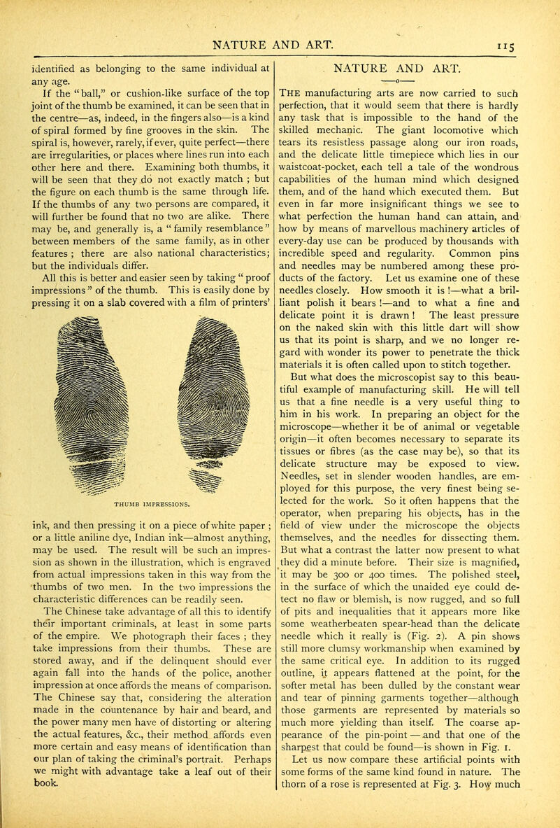 NATURE AND ART. identified as belonging to the same individual at any age. If the ball, or cushion-like surface of the top joint of the thumb be examined, it can be seen that in the centre—as, indeed, in the fingers also—is a kind of spiral formed by fine grooves in the skin. The spiral is, however, rarely, if ever, quite perfect—there are irregularities, or places where lines run into each other here and there. Examining both thumbs, it will be seen that they do not exactly match ; but the figure on each thumb is the same through life. If the thumbs of any two persons are compared, it will further be found that no two are alike. There may be, and generally is, a family resemblance between members of the same family, as in other features ; there are also national characteristics; but the individuals differ. All this is better and easier seen by taking  proof impressions  of the thumb. This is easily done by pressing it on a slab covered with a film of printers' THUMB IMPRESSIONS. ink, and then pressing it on a piece of white paper ; or a little aniline dye, Indian ink—almost anything, may be used. The result will be such an impres- sion as shown in the illustration, which is engraved from actual impressions taken in this way from the thumbs of two men. In the two impressions the characteristic differences can be readily seen. The Chinese take advantage of all this to identify their important criminals, at least in some parts of the empire. We photograph their faces ; they take impressions from their thumbs. These are stored away, and if the delinquent should ever again fall into the hands of the police, another impression at once affords the means of comparison. The Chinese say that, considering the alteration made in the countenance by hair and beard, and the power many men have of distorting or altering the actual features, &c., their method affords even more certain and easy means of identification than our plan of taking the criminal's portrait. Perhaps we might with advantage take a leaf out of their book. NATURE AND ART. The manufacturing arts are now carried to such perfection, that it would seem that there is hardly any task that is impossible to the hand of the skilled mechanic. The giant locomotive which tears its resistless passage along our iron roads, and the delicate little timepiece which lies in our waistcoat-pocket, each tell a tale of the wondrous capabilities of the human mind which designed them, and of the hand which executed them. But even in far more insignificant things we see to what perfection the human hand can attain, and how by means of marvellous machinery articles of every-day use can be produced by thousands with incredible speed and regularity. Common pins and needles may be numbered among these pro- ducts of the factory. Let us examine one of these needles closely. How smooth it is !—what a bril- liant polish it bears !—and to what a fine and delicate point it is drawn ! The least pressure on the naked skin with this little dart will show us that its point is sharp, and we no longer re- gard with wonder its power to penetrate the thick materials it is often called upon to stitch together. But what does the microscopist say to this beau- tiful example of manufacturing skill. He will tell us that a fine needle is a very useful thing to him in his work. In preparing an object for the microscope—whether it be of animal or vegetable origin—it often becomes necessary to separate its tissues or fibres (as the case may be), so that its delicate structure may be exposed to view. Needles, set in slender wooden handles, are em- ployed for this purpose, the very finest being se- lected for the work. So it often happens that the operator, when preparing his objects, has in the field of view under the microscope the objects themselves, and the needles for dissecting them. But what a contrast the latter now present to what they did a minute before. Their size is magnified, it may be 300 or 400 times. The polished steel, in the surface of which the unaided eye could de- tect no flaw or blemish, is now rugged, and so full of pits and inequalities that it appears more like some weatherbeaten spear-head than the delicate needle which it really is (Fig. 2). A pin shows still more clumsy workmanship when examined by the same critical eye. In addition to its rugged outline, \t appears flattened at the point, for the softer metal has been dulled by the constant wear and tear of pinning garments together—although those garments are represented by materials so much more yielding than itself The coarse ap- pearance of the pin-point — and that one of the sharpest that could be found—is shown in Fig. i. Let us now compare these artificial points with some forms of the same kind found in nature. The thorn of a rose is represented at Fig. 3. How much