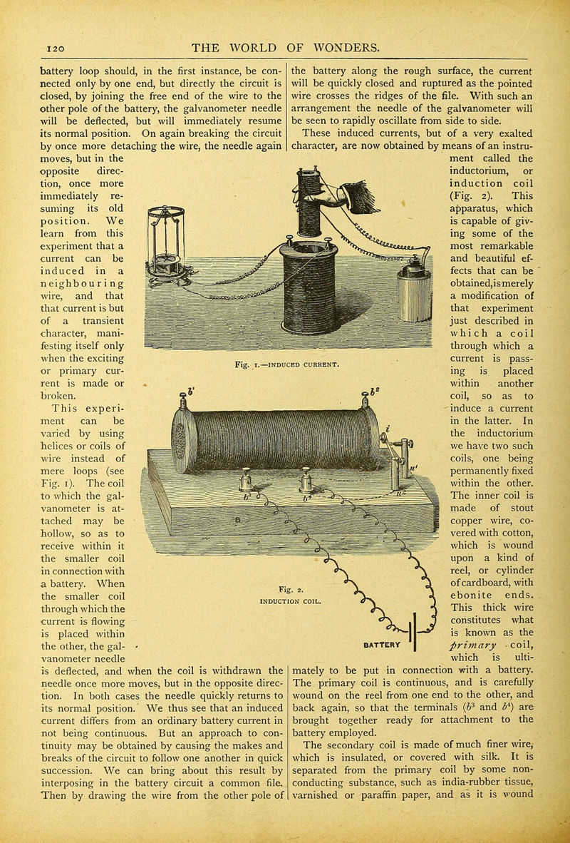 Fig.. battery loop should, in the first instance, be con- nected only by one end, but directly the circuit is closed, by joining the free end of the wire to the other pole of the battery, the galvanometer needle will be deflected, but will immediately resume its normal position. On again breaking the circuit by once more detaching the wire, the needle again moves, but in the opposite direc- tion, once more immediately re- suming its old position. We learn from this experiment that a current can be induced in a neighbour i ng wire, and that that current is but of a transient character, mani- festing itself only when the exciting or primary cur- rent is made or broken. This experi- ment can be varied by using belices or coils of wire instead of mere loops (see P'ig. i). The coil to which the gal- vanometer is at- tached may be hollow, so as to receive within it the smaller coil in connection with a battery. When the smaller coil through which the current is flowing is placed within the other, the gal- - vanometer needle is deflected, and when the coil is withdrawn the needle once more moves, but in the opposite direc- tion. In both cases the needle quickly returns to its normal position. We thus see that an induced current differs from an ordinary battery current in not being continuous. But an approach to con- tinuity may be obtained by causing the makes and breaks of the circuit to follow one another in quick succession. We can bring about this result by interposing in the battery circuit a common file. Then by drawing the wire from the other pole of -INDUCED CURRENT. the battery along the rough surface, the current will be quickly closed and ruptured as the pointed wire crosses the ridges of the file. With such an arrangement the needle of the galvanometer will be seen to rapidly oscillate from side to side. These induced currents, but of a very exalted character, are now obtained by means of an instru- ment called the inductorium, or induction coil (Fig. 2). This af)paratus, which is capable of giv- ing some of the most remarkable and beautiful ef- fects that can be obtainedjis merely a modification of that experiment just described in whi ch a coil through which a current is pass- ing is placed within another coil, so as to induce a current in the latter. In the inductorium we have two such coils, one being permanently fixed within the other. The inner coil is made of stout copper wire, co- vered with cotton, which is wound upon a kind of reel, or cylinder of cardboard, with ebonite ends. This thick wire constitutes what is known as the pritnary ■ coil, which is ulti- mately to be put in connection with a battery. The primary coil is continuous, and is carefully wound on the reel from one end to the other, and back again, so that the terminals (6^ and b^) are brought together ready for attachment to the battery employed. The secondary coil is made of much finer wire; which is insulated, or covered with silk. It is separated from the primary coil by some non- conducting substance, such as india-rubber tissue, varnished or paraffin paper, and as it is wound BATTERY