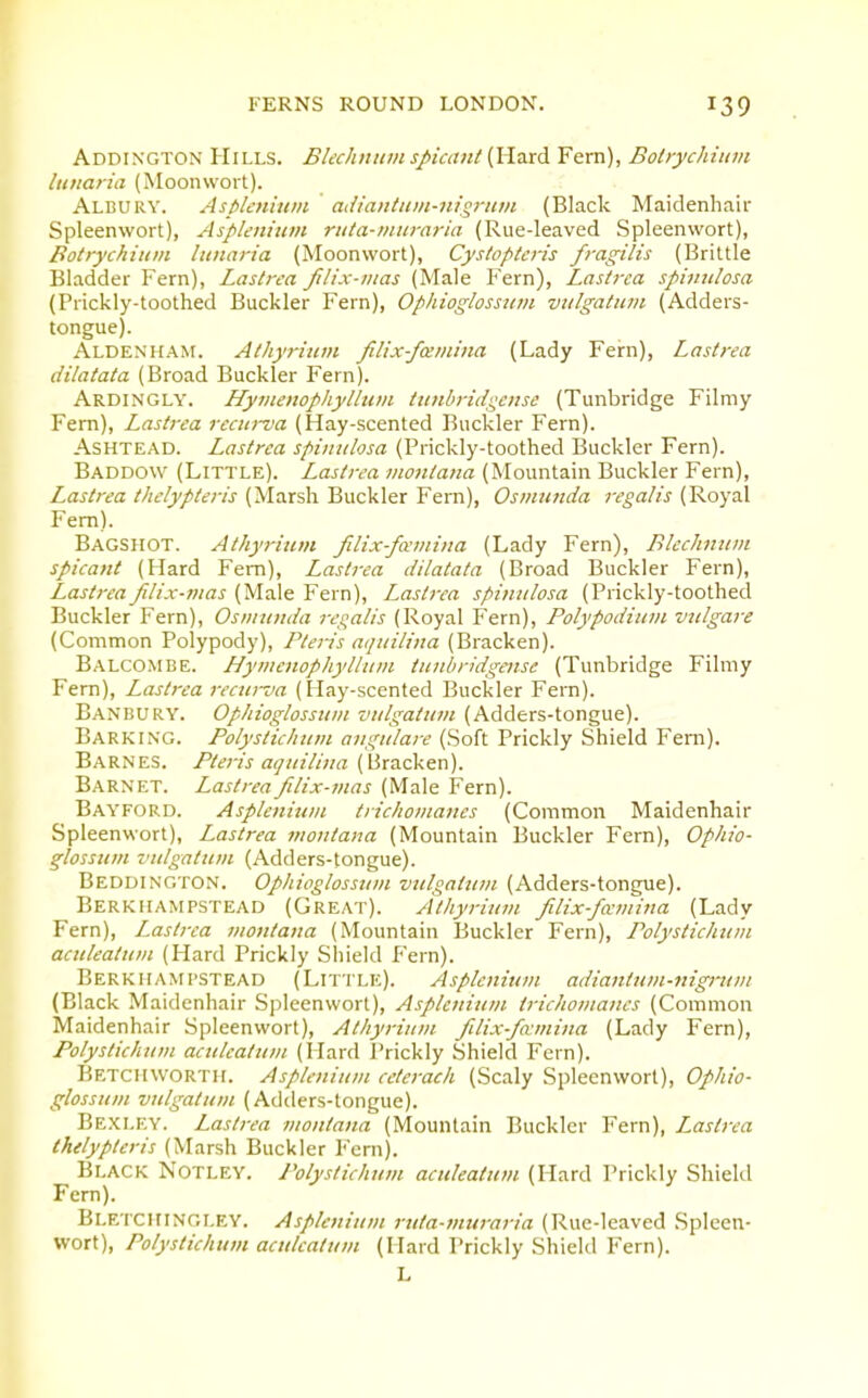 Addington Hills. Blechnumspicant (Hard Fern), Botrychitim liinaria (Moonwort). Alburv. Aspleniuin adiantuin-niorutn (Black Maidenhair Spleenwort), Aspleiihtm riita-inuraria (Rue-leaved Spleenwort), Botrychitim hinaria (Moonwort), Cystopteris fragilis (Brittle Bladder Fern), Lastrca filix-mas (Male P'ern), Lastrca spiviilosa (Prickly-toothed Buckler Fern), Ophioglossum viilgattim (Adders- tongue). Aldenhanf. Athyrium filix-famina (Lady Fern), Lastrea dilatata (Broad Buckler Fern). Ardingly. Hynienophylluin itmbridgeiise (Tunbridge Filmy Fern), Lastrea reciu~va (Hay-scented Buckler Fern). AsHTEAD. Lastrca spimilosa (Prickly-toothed Buckler Fern). Baddow (Little). Lastrca montana (Mountain Buckler Fern), Lastrea thelyptcris (Marsh Buckler Fern), Osmimda regalis (Royal Fern). Bagshot. Athyrium filix-fccniina (Lady Fern), Blechnum spicant (Hard Fern), Lastrea dilatata (Broad Buckler Fern), Lastrea fdix-mas (Male Fern), Lastrea spimilosa (Prickly-toothed Buckler Fern), Osiintnda rcf^alis (Royal Fern), Polypodittvi vitlgare (Common Polypody), Pteris aqiiilina (Bracken). Balcombe. Hymetiophylliim tiinhridgense (Tunbridge Filmy Fern), Lastrea rectu-M (Hay-scented Buckler Fem). Banbury. Ophioglossum vulgatiim (Adders-tongue). Barking. Polystichum angiilare (.Soft Prickly Shield Fern). Barnes. Pteris acjuilina (liracken). Barnet. Lastrea filix-mas (Male Fern). Bayford. Asplenium trichomanes (Common Maidenhair Spleenwort), Lastrea montana (Mountain Buckler Fern), Ophio- glossum z'ulgatum (Adders-tongue). Beddington. Ophioglossum vulgatum (Adders-tongue). Berkhampstead (Great). Atliyrium fiilix-fo:mina (Lady Fern), I^astrea montana (Mountain Buckler Fern), Polystichum aculeatum (Hard Prickly Sliield Fern). Berkhami'STEad (Little). Asplenium adiantum-nigrum (Black Maidenhair Spleenwort), Asplenium trichomanes (Common Maidenhair Spleenwort), Athyrium filix-fa-mina (Lady Fern), Polystichum aculeatum (Hard Prickly Shield Fern). Betciiworth. Asplenium ceterach (Scaly Spleenwort), Ophio- glossum vulgatum (Adders-tongue). Bexley. Lastrea montana (Mountain Buckler Fern), Lastrea thelyptcris (Marsh Buckler Fern). Black Notley. Polystichum aculeatum (Hard Prickly Shield Fem). Bletchingley. Asplenium ruta-muraria (Rue-leaved Spleen- wort), Polystichum aculeatum (Hard Prickly Shield Fern). L