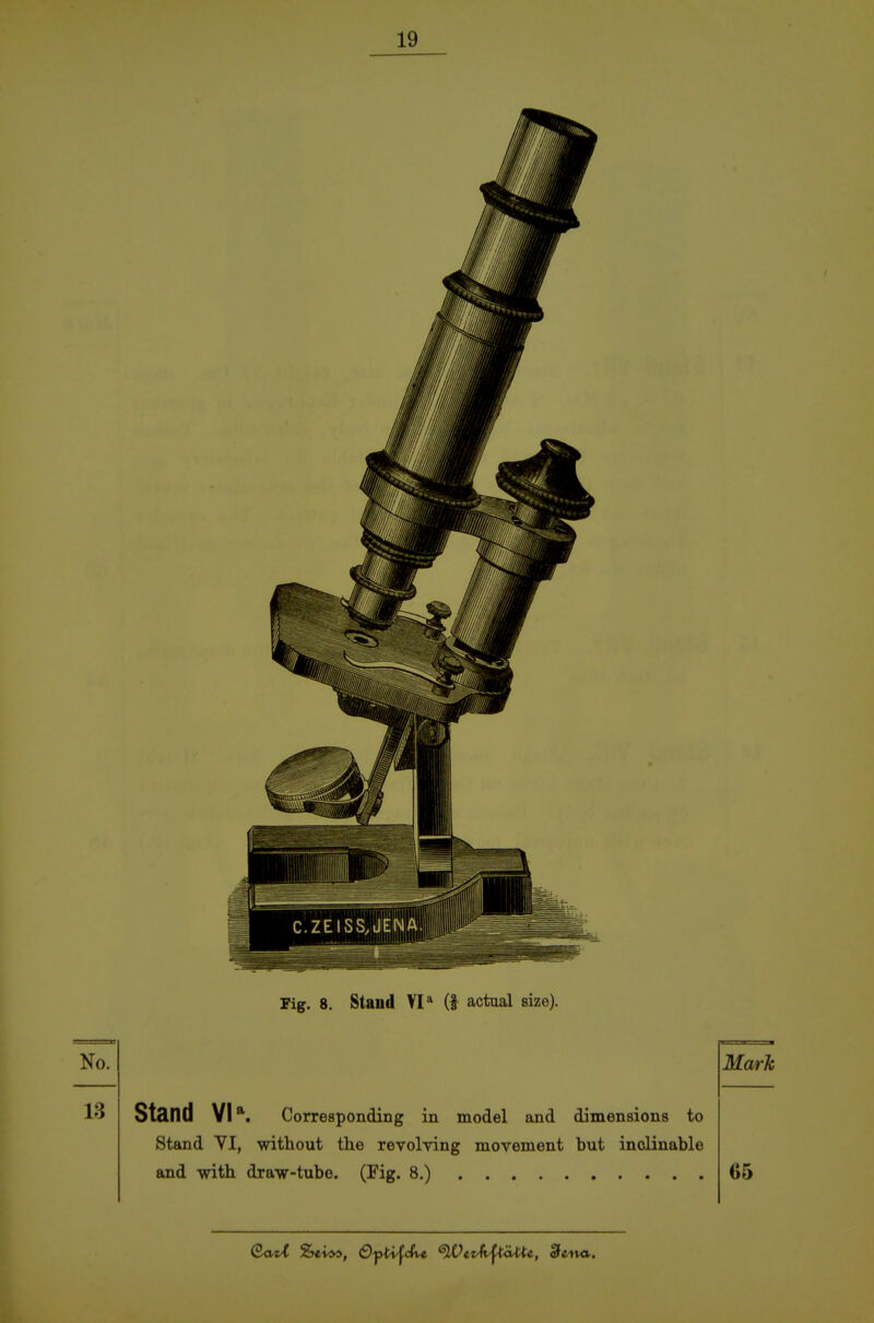 Fig. 8. Stand VI* (I actual size). No. Mark 13 Ständ VI*. Corresponding in model and dimensious to Stand YI, without the reyolving movement but inoliuable 65