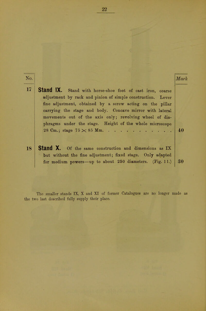 No. 1''' Ständ IX. Stand with horse-slioe foot of cast iron, coarse adjustment by rack and pinion of simple construction, Lever fine adjustment, obtained by a screw acting on the pillar carrying the stage and body, Concave mirror with lateral movements out of the axis only; revolving wheel of dia- phragms under the stage. Height of the whole microscope 28 Cm.; stage 75 X 85 Mm 18 Stand X. of the same construction and dimensions as IX but without the fine adjustment; fixed stage. Only adapted for medium powers—up to about 250 diameters. (Fig. 11.) The smaller Stands IX, X and XI of fonner Catalogues are no longer made as the two last described fuUy supply their place.