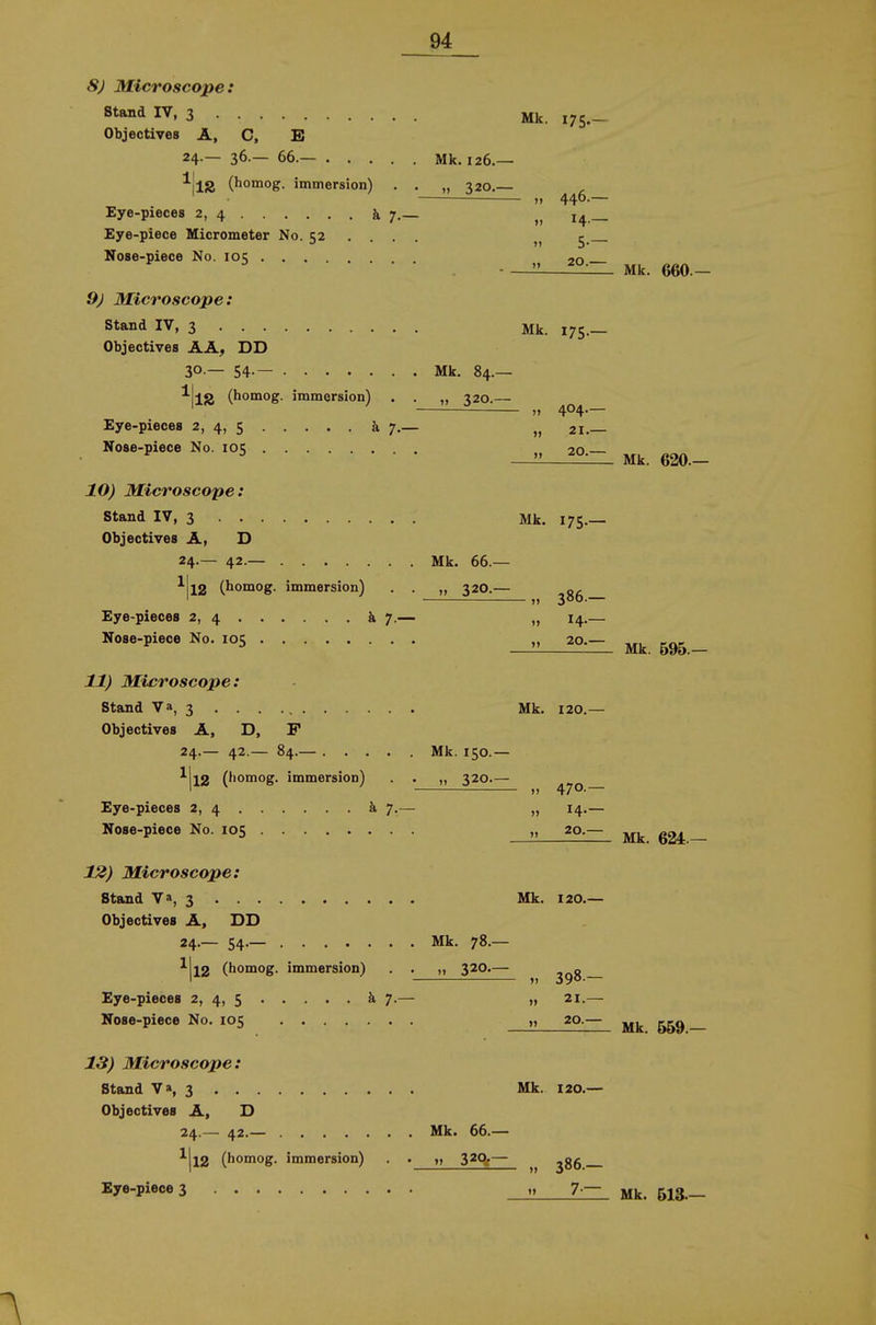 8J Microscope: Stand IV, 3 Mk. 175.- Objectives Ä, C, B 24.-36.-66.— Mk. 126.— ^l'lS (homog. Immersion) . . „ 320.— „ 446.— Eye-pieces 2, 4 ä 7.— „ i4._ • • • „ 5-— • . . „ 20.— Eye-piece Micrometer No. 52 Nose-piece No. 105 9j Microscope: Stand IV, 3 Mk. 175.— Objectives ÄÄ, DD 30.— 54.— Mk. 84.— ^IlS (homog. Immersion) , . „ 320.— „ 404.— Eye-pieces 2, 4, 5 ä 7.— „ 21.— Nose-piece No. 105 20. 10) Microscope: Stand IV, 3 Mk. 175.— Objectives A, D 24.— 42.— Mk. 66.— ^12 (homog. Immersion) . . „ 32O.— ' » — Eye-pieces 2, 4 & 7.— „ 14.— Nose-piece No. 105 „ 20.— 11) Microscope: Stand Va, 3 . . . . Mk. 120.— Objectives Ä, D, F 24.— 42.— 84.— Mk. 150.— ^ll2 (bomog. immersion) . ,, 320.— Eye-pieces 2, 4 ä 7.— „ 14.— Nose-piece No. 105 „ 20.— 12) Microscope: Stand Va, 3 Mk. 120.— Objectives Ä, DD 24.— 54.— Mk. 78.— ^|l2 (homog. immersion) . . „ 320.— Eye-pieces 2, 4, 5 ä 7.— „ 21.— Nose-piece No. 105 „ 20.— Mk. 660. Mk. 620. Mk. 595. Mk. 624. Mk. 559. 13) Microscope: Stand Va, 3 Mk. I20.— Objectives A, D 24.— 42.— Mk. 66.— l[l2 (homog. immersion) . . 3^Qf~ j86. Eye-piece 3 7— Mk. 5ia-