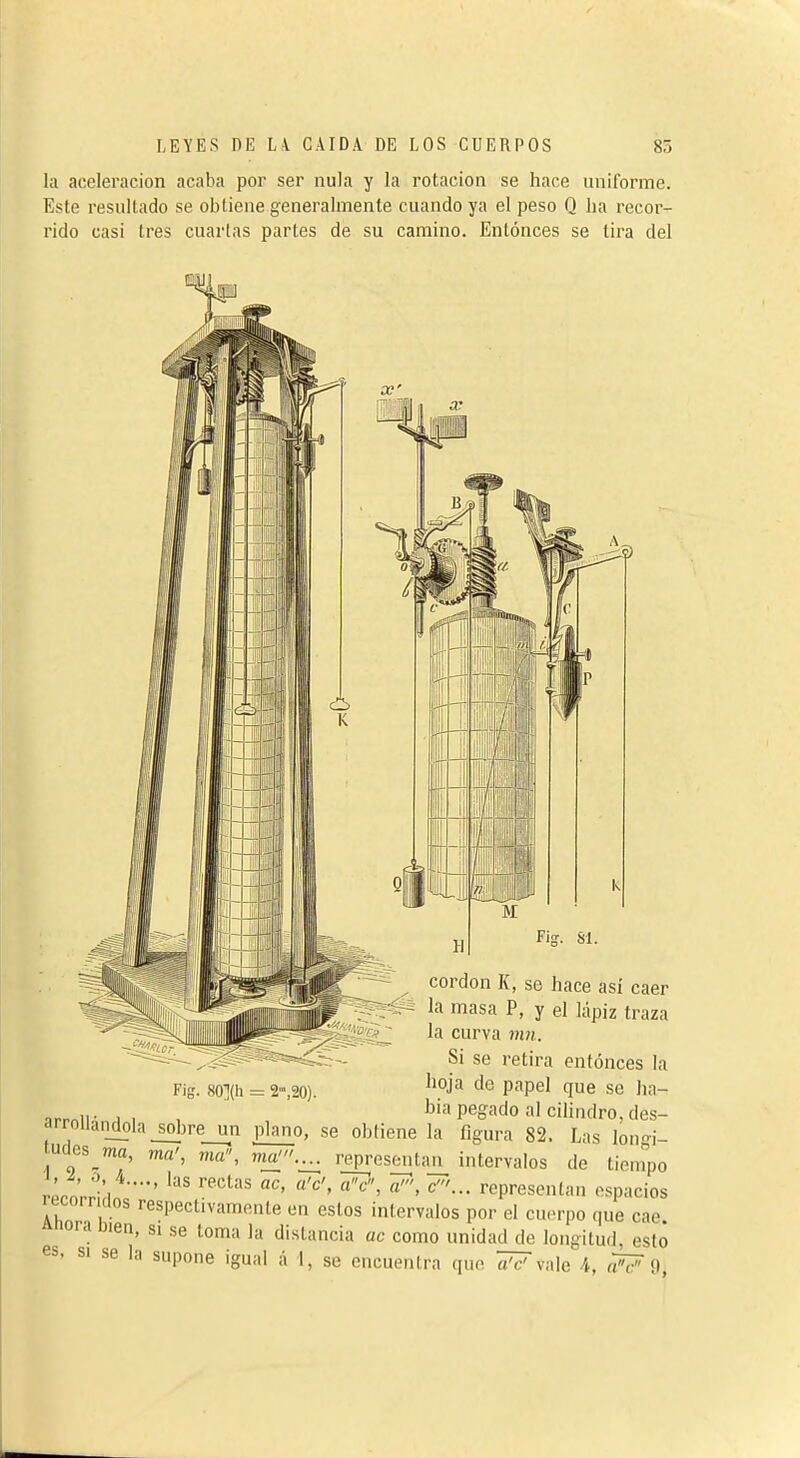 la aceleración acaba por ser nula y la rotación se hace uniforme. Este resultado se obtiene generalmente cuando ya el peso Q ha recor- rido casi tres cuartas partes de su camino. Entonces se tira del Fig. 80](h = 2,20). ^ cordon K, se hace así caer l'i masa P, y el lápiz traza la curva nin. Si se retira entonces la boja de papel que se ha- ,^,„„. , bia pegado al ciündro, des- arroilaiulola_soljre_un plano, se obtiene la figura 82. Las lon'^i- udcs ma, ma', ma, m_a/.^ representan^ intervalos de tien^po ¡corrido:;' ^T^' ''«P^'^«'^»l'->» '^.spacios recórr elos respectivamente en estos intervalos por el cuerpo que cae Atiora bien, si se toma la distancia ac como unidad de longitud, esto es, SI se la supone igual á \, se encuentra que ïï^vale A, r¡V')