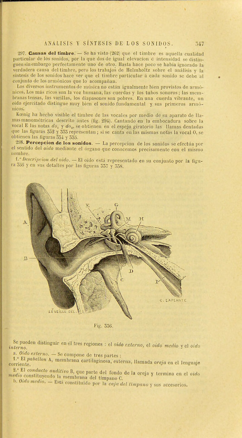 *J7. Causas del timbre. — So lin visto (262) que el timbre es aquella ruiilidad particular de los sonidos, por la que dos de igual olovacion c intensidad se distin- guen sin embargo perrectamonte nno de otro. Hasta hace poco se habla ignorado la verdadera causa del timbre, pero los trabajos de Helmholtz sobre el análisis y la síntesis de los sonidos hace ver que el timbre particular á cada sonido se debe al conjunto do los armónicos que lo acompañan. Los diversos instrumentos de música no están igualmente bien provistos de armó- nicos. Los más ricos son la voz humana, las cuerdas y los tubos sonoros ; las mem- branas tensas, las varillas, los diapasones son pobres. En una cuerda vibrante, un oido ejercitado distingue muy bien el sonido fundamental y sus primeros armó- nicos. Kœnig ha hecho visible el timbre de las vocales por medio de su a|)arato de lla- mas manométricas descrito antes (üg. 29-i). Cantando en la embocadura sobre la vocal E las notas do, y do,, se obtienen en el espejo giratorio las llamas dentadas que las figuras 552 y 555 representan ; si se caula on las mismas notas la vocal O, se obtienen las liguras 551 y 555. 298. Percepción de los sonidos. — La percepción de los sonidos se eiectúa por el sentido del oido mediante el órgano que conocemos precisamente con el mismo nombre. L l)escrijH ¡uit del oidu. — El oido está representado en su conjunto por la figu- ra 536 y en sus detalles por las figuj as 557 y 55S. Fig. 356. inlenw.'^^'' distinguir en él tres regiones : el oido externo, el oido medio y el oido a. Oido externo. — So compone de 1res partes • corriente.' c-'-ti'asi-'osa, externa, llamada oreja en el lengu.^e me!iio^LZuuve,,dní'''° \^'' P^í'^'^ 'í'^ y '•'i'' en el oido iHe«,o constituyendo la membrana del tímpano C b. O.donied.o. - Está constituido po,- la cnj„ del tImjMuw y sus accesorios.