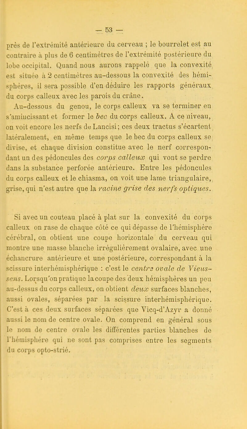 près de l'extréraité antérieure du cerveau ; le bourrelet est au contraire à plus de 6 centimètres de l'extrémité postérieure du lobe occipital. Quand nous aurons rappelé que la convexité est située à 2 centimètres au-dessous la convexité des hémi- sphères, il sera possible d'en déduire les rapports généraux, du corps calleux avec les parois du crâne. Au-dessous du genou, le corps calleux va se terminer en s'amiucissant et former le hec du corps calleux. A ce niveau, on voit encore les nerfs de Lancisi ; ces deux tractus s'écartent latéralement, en même temps que le bec du corps calleux se divise, et chaque division constitue avec le nerf correspon- dant un des pédoncules des corps calleux qui vont se perdre dans la substance perforée antérieure. Entre les pédoncules du corps calleux et le chiasma, on voit une lame triangulaire,, grise, qui n'est autre que la racine giHse des nerfs optiques. Si avec un couteau placé à plat sur la convexité du corps calleux on rase de chaque côté ce qui dépasse de riièmisphère cérébral, on obtient une coupe horizontale du cerveau qui montre une masse blanche irrégulièrement ovalaire, avec une échancrure antérieure et une postérieure, correspondant à la scissure interhémisphérique : c'est le centre ovale de Vieus- sens. Lorsqu'on pratique la coupe des deux hémisphères un peu au-dessus du corps calleux, on obtient deux surfaces blanches, aussi ovales, séparées par la scissure interhémisphérique. C'est à ces deux surfaces séparées que Vicq-d'Azyr a donné aussi le nom de centre ovale. On comprend en général sous le nom de centre ovale les différentes parties blanches de l'hémisphère qui ne sont pas comprises entre les segments du corps opto-strié.