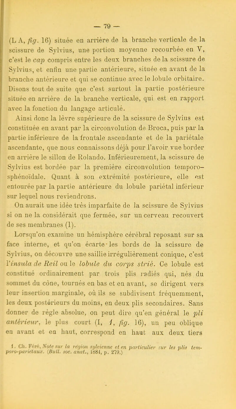 ' L A, fig. 16) située en arrière de la branche verticale de la scissure de Sylvius, une portion moyenne recourbée en V, c'est le cap compris entre les deux branches de la scissure de Sylvius, et enfin une partie antérieure, située en avant de la branche antérieure et qui se continue avec le lobule orbitaire. Disons tout de suite que c'est surtout la partie postérieure située en arrière de la branche verticale, qui est en rapport avec la fonction du langage articulé. Ainsi donc la lèvre supérieure de la scissure de Sylvius est constituée en avant par la circonvolution de Broca, puis par la partie inférieure de la frontale ascendante et de la pariétale I ascendante, que nous connaissons déjà pour l'avoir vue border en arriére le sillon de Rolande. Inférieurement, la scissure de Sylvius est bordée par la première circonvolution temporo- sphènoïdale. Quant à son extrémité postérieure, elle est entourée par la partie antérieure du lobule pariétal inférieur sur lequel nous reviendrons. On aurait une idée très imparfaite de la scissure de Sylvius si on ne la considérait que fermée, sur un cerveau recouvert de ses membranes (1). Lorsqu'on examine un hémisphère cérébral reposant sur sa face interne, et qu'on écarte-les bords de la scissure de Sylvius, on découvre une saillie irrégulièrement conique, c'est Vinsula de Reil ou le lobule du corps strié. Ce lobule est constitué ordinairement par trois plis i-adiés qui, nés du sommet du cône, tournés en bas et en avant, se dirigent vers leur insertion marginale, où ils se subdivisent fréquemment, les deux postérieurs du moins, en deux plis secondaires. Sans donner de régie absolue, on peut dire qu'en général le pli antérieur, le plus court (I, j, fig. 16), un peu oblique en avant et en haut, correspond en haut aux deux tiers 1. Ch. Ff:ré, Note fur la n/r/lon .v/lvicnne et en particulier sur les plis tem- poro-pariélaux. {Bull. soc. anal., 188J, p. 279.)