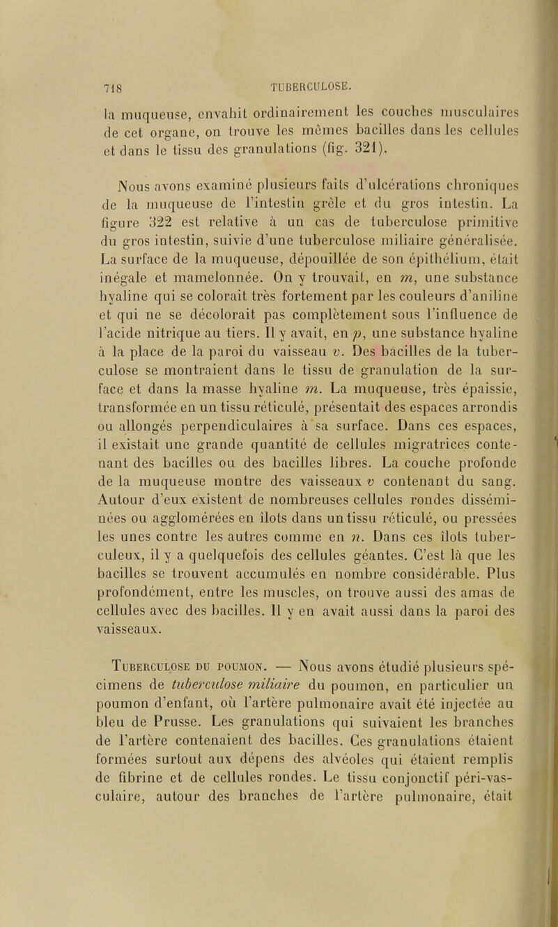 la muqueuse, envahit ordinairement les couches musculaires de cet organe, on trouve les mômes bacilles dans les cellules et dans le tissu des granulations (fig. 321). Nous avons examiné plusieurs faits d'ulcérations chroniques de la muqueuse de l'intestin grêle et du gros intestin. La figure 322 est relative à un cas de tuberculose primitive du gros intestin, suivie d'une tuberculose miliaire généralisée. La surface de la muqueuse, dépouillée de son épithélium, était inégale et mamelonnée. On y trouvait, en m, une substance hyaline qui se colorait très fortement par les couleurs d'aniline et qui ne se décolorait pas complètement sous l'influence de l'acide nitrique au tiers. Il y avait, en une substance hyaline à la place de la paroi du vaisseau v. Des bacilles de la tuber- culose se montraient dans le tissu de granulation de la sur- face et dans la masse hyaline m. La muqueuse, très épaissie, transformée en un tissu réticulé, présentait des espaces arrondis ou allongés perpendiculaires à sa surface. Dans ces espaces, il existait une grande quantité de cellules migratrices conte- nant des bacilles ou des bacilles libres. La couche profonde de la muqueuse montre des vaisseaux v contenant du sang. Autour d'eux existent de nombreuses cellules rondes dissémi- nées ou agglomérées en îlots dans un tissu réticulé, ou pressées les unes contre les autres comme en n. Dans ces îlots tuber- culeux, il y a quelquefois des cellules géantes. C'est là que les bacilles se trouvent accumulés en nombre considérable. Plus profondément, entre les muscles, on trouve aussi des amas de cellules avec des bacilles. 11 y en avait aussi dans la paroi des vaisseaux. Tuberculose du poumon. — Nous avons étudié plusieurs spé- cimens de tuberculose miliaire du poumon, en particulier un poumon d'enfant, où l'artère pulmonaire avait été injectée au bleu de Prusse. Les granulations qui suivaient les branches de l'artère contenaient des bacilles. Ces granulations étaient formées surtout aux dépens des alvéoles qui étaient remplis de fibrine et de cellules rondes. Le tissu conjonctif péri-vas- culaire, autour des branches de l'artère pulmonaire, était