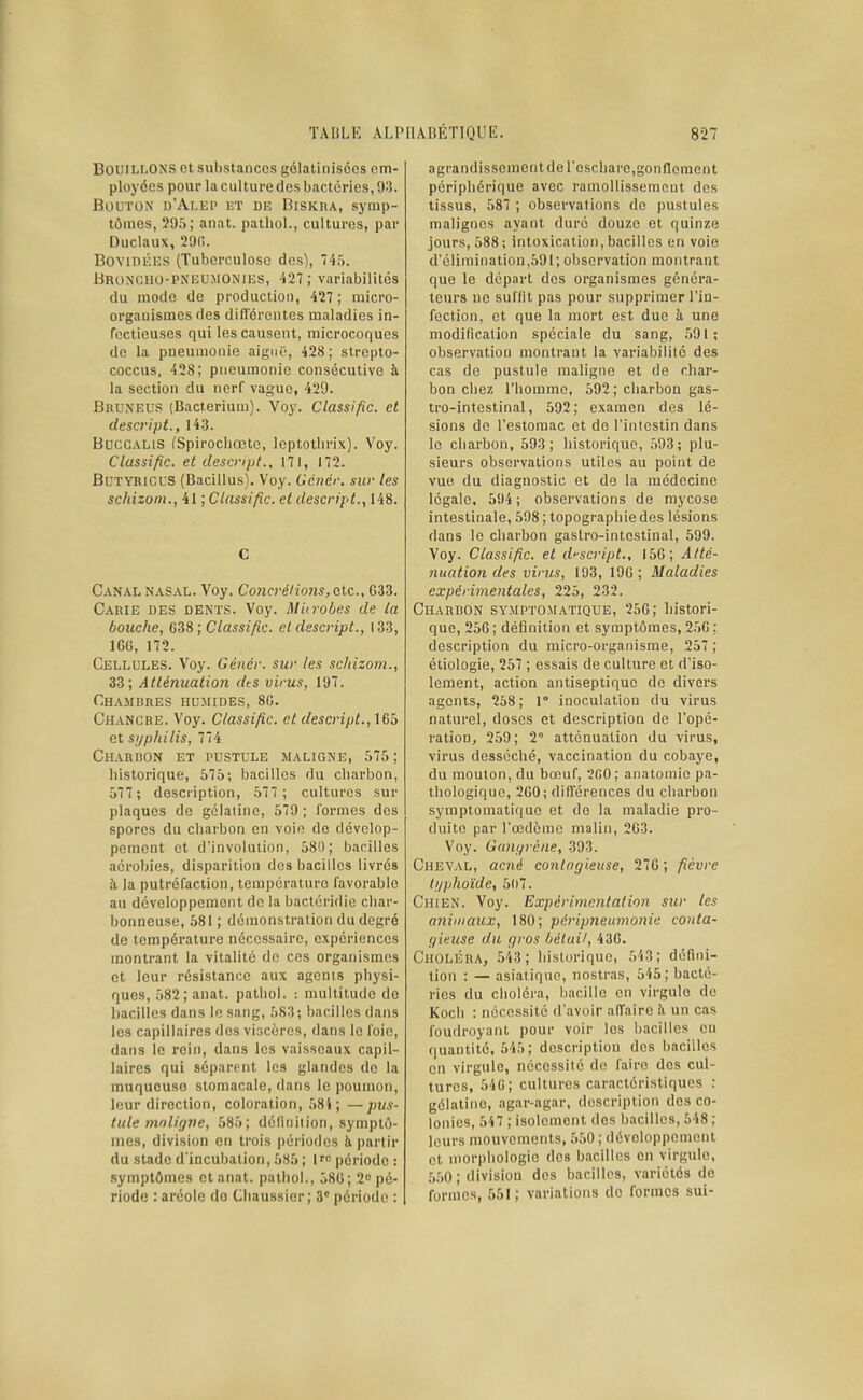 TABLK ALP Bouillons et substances gélatinisées em- ployées pour la culture des bactéries, 9:J. Bouton d'Ai.ep iît de Biskra, symp- tômes, 595; anat. patliol., cultures, par Duclaux, 29(i. BovinÉiùs (Tuberculose des), 745. Broncho-pneumonies, 427; variabilités du mode de production, 427; micro- organismes des difl'ôrcntes maladies in- fectieuses qui les causent, microcoques de la pneumonie aignO, 428; strepto- coccus, 428; pneumonie consécutive à la section du nerf vague, 429. Bruneus (Bacterium). Voy. Classific. et descfipt., 143. BucCALiS fSpirocliœte, Icptothrix). Voy. Classific. et descript., 171, 172. BuTYRiCUS (Bacillus). Voy. Génér. sur les schizoni., 41 ; Classific. et descript., 148. C Canal nasal. Voy. Concrétions, Qic, G33. Carie des dents. Voy. Mitrobes de la bouche, 638 ; Classific. et descript., 133, IGG, 172. Cellules. Voy. Génér. sur les scliizom., 33; Atténuatio7i dts virus, 197. Chambres humides, 8G. Chancre. Voy. Classific. et descript.,1Gb et syphilis, 774 Charbon et pustule maligne, 575; historique, 575; bacilles du charbon, 577 ; description, 577; cultures sur plaques de gélatine, 579 ; formes des spores du charbon en voie de dévelop- pement et d'involulion, 580; bacilles aérobies, disparition des bacilles livrés à la putréfaction, température favorable au développement de la bactéridie char- bonneuse, 581 ; démonstration du degré de température nécessaire, expériences montrant la vitalité de ces organismes et leur résistance aux agents physi- ques, 582; anat. pathol. : multitude do bacilles dans le sang, 583; bacilles dans les capillaires des viscères, dans le foie, dans le rein, dans les vaisseaux capil- laires qui séparent les glandes de la muqueuse stomacale, dans le poumon, leur direction, coloration, 58i; —pus- tule vKdigne, 585; délluition, symptô- mes, division en trois périodes à partir du stade d'incubation, 585; I période : .symptômes et anat. pathol., 58G; 2 pé- riode : aréole do Cliaussier; 3' période : [lABÉTIQUE. 827 agrandissement de Teschare,gonflement périphérique avec ramollissement dos tissus, 587 ; observations de pustules malignes ayant duré douze et quinze jours, 588 ; intoxication, bacilles en voie d'élimination,591; observation montrant que le dépari des organismes généra- teurs ne suffit pas pour supprimer l'in- fection, et que la mort est due à une modification spéciale du sang, 591; observation montrant la variabilité des cas de pustule maligne et de char- bon chez l'homme, 592 ; charbon gas- tro-intestinal, 592; examen des lé- sions de l'estomac et de l'intestin dans le charbon, 593; historique, 593; plu- sieurs observations utiles au point de vue du diagnostic et do la médecine légale. 594 ; observations de mycose intestinale, 598 ; topographie des lésions dans le charbon gaslro-intestinal, 599. Voy. Classific. et descript., I5G; Atté- nuation des virus, 193, 19G; Maladies expérimentales, 225, 232. Charbon symptomatique, 25G; histori- que, 25G ; définition et symptômes, 25G : description du micro-organisme, 257 ; éliologie, 257 ; essais de culture et d'iso- lement, action antiseptique de divers agents, 258; 1° inoculation du virus naturel, doses et description de l'opé- ration, 259; 2° atténuation du virus, virus desséché, vaccination du cobaye, du mouton, du bœuf, 2G0; anatomie pa- thologique, 2G0; difl'crences du charbon symptomatique et de la maladie pro- duite par l'œdème malin, 2G3. Voy. Gani/rène, 393. Cheval, acné contagieuse, 27G ; fièvre ti/phoïde, 507. Chien. Voy. Expérimentation sur tes animaux, 180; pcripneumonic conta- gimse du gros bélail, 43G. Choléra, 543; historique, 543; défini- tion : — asiatique, noslras, 545; bacté- ries du choléra, bacille en virgule de Koch : nécessité d'avoir affaire îi un cas foudroyant pour voir les bacilles eu quantité, 545; descriptiou des bacilles en virgule, nécessité de faire des cul- tures, 54G; cultures caractéristiques : gélatine, agar-agar, description des co- lonies, 547 ; isolement dos bacilles, 548 ; leurs mouvements, 550 ; développement et morphologie dos bacilles en virgule, ,',r>0 ; division des bacilles, variétés de formes, 551; variations do formes sui-