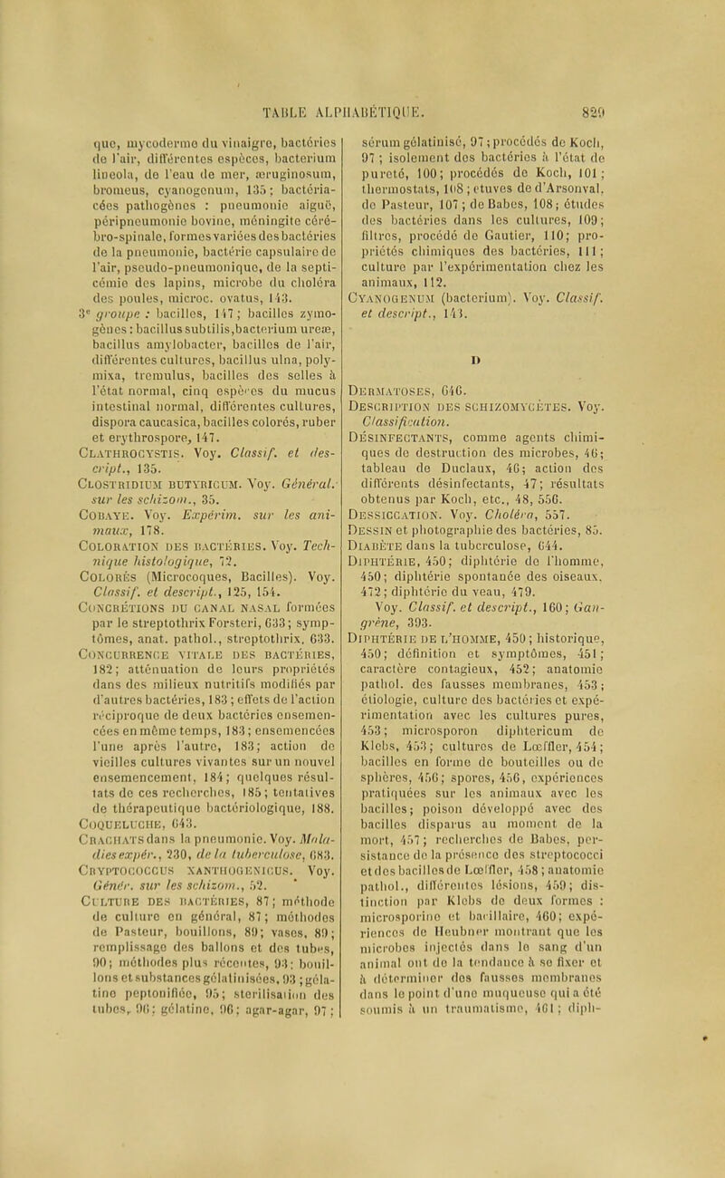 que, mycodermo du vinaigre, bactéries (le l'air, différentes espèces, bacterium lioeola, de l'eau de mer, tcruginosura, bromeus, cyanogenum, 13.î: bactcria- cées pathogènes : pneumonie aiguë, péripnoumonio bovine, méningite céré- bro-spinale, formes variées des bactéries de la pneumonie, bactérie capsulaircde l'air, pseudo-pneumonique, de la septi- cémie des lapins, microbe du choléra des poules, microc. ovatus, 113. S' groupe : bacilles, l'iT; bacilles zymo- gcnes : bacillus subtilis,bacterium ureœ, bacillus amylobactcr, bacilles de l'air, dilYérentes cultures, bacillus uina, poly- mixa, trcmulus, bacilles des selles h l'état normal, cinq cspèi cs du mucus intestinal normal, différentes cultures, disporacaucasica, bacilles colorés, ruber et erythrospore,147. Claïhrocystis. Voy. Classif. et t/es- cript., 135. Clostuidium butyricum. Voy. Général.- sur les sc/iizoDi., 35. Cobaye. Voy. Expérim. sur les ani- maux, 178. COLOHàTiOJi IJES lîACTiiRiES. Voy. Tech- nique histolugique, 72. Colorés (Microcoques, Bacilles). Voy. Cliissif. et descript., 125, 15'i. CUNCRÉTIONS DU CANAL NASAL formées par le streptothrix Forsteri, G33; symp- tômes, anat. pathol., streptothrix. G33. CONCURRENflE VITALE DES BACTÉRIES, 182; atténuation de leurs propriétés dans des milieux nutritifs modiliés par d'autres bactéries, 183 ; effets do l'action ivciproque de deux bactéries ensemen- cées en môme temps, 183 ; ensemencées l'une après l'autre, 183; action do vieilles cultures vivantes sur un nouvel ensemencement, 184; quelques résul- tats de ces recherches, 185; tentatives de thérapeutique bactériologique, 188. Coqueluche, G43. Crachats dans la pneumonie. Voy. M'da- diesexpér., 230, delà tuberculose, (iS3. Cryptococcus xanthooenicus. Voy. Géndr. sur les schizom., 52. Culture des iiactéiues, 87; méthode de culture en général, 87; méthodes de Pasteur, bouillons, 8»; vases. 8!); remplissage des ballons et des tub^s, 90; méthorles plus récentes, 1)3: bouil- lons cl substances gélalinisées, !)3 ; géla- tine peptouifiéo, SJô; sterilisaiion des lubcs, Ofi: gélatine, !)G; agar-agar, 97 ; sérum gélatinisc, 97 ; procédés de Koch, 97 ; isolement des bactéries à l'état de pureté, 100; procédés de Koch, 101; thermostats, l(i8;i'tuves de d'Arsonval, de Pasteur, 107 ; doBabes, 108; études des bactéries dans les cultures, 109; filtres, procédé de Gautier, 110; pro- priétés chimiques des bactéries, 111; culture par l'expérimentation chez les animaux, 112. Cyanogenum (bacterium). Voy. Clat'sif. et descript., I4i. D Derm.\toses, G4G. Description des schizomycètes. Voy. Classification. Désinfectants, comme agents chimi- ques do destruction des microbes, 4G; tableau de Duclaux, 40; action des différents désinfectants, 47; l'ésultats obtenus par Koch, etc., 48, 55G. Dessiccation. Voy. Choléra, 557. Dessin et photographie des bactéries, 85. Diabète dans la tuberculose, 044. Diphtérie, 450; diphtérie de l'homme, 450; diphtérie spontanée des oiseaux. 472; diphtérie du veau, 479. Voy. Classif. et descript., IGO; Gan- grhie, 393. Diphtérie de l'homme, 450; historique, 450; définition et symptômes, 451; caractère contagieux, 452; anatomic pathol. des fausses membranes, '153; éliologie, culture des bactéi ies et expé- rimentation avec les cultures pures, 453; microsporon diphtericum do Klebs, 453; cultures de Lœffler, 454 ; bacilles en forme de bouteilles ou de sphères, 45G; spores, 45G, expériences pratiquées sur les animaux avec les bacilles; poison développé avec des bacilles disparus au moment de la mort, 457 ; recherches de Babos, per- sistance do la présence dos streptococci etdcsbacillosde Lœlfler, 458;anatomic pathol., différentes lésions, 459; dis- tinction par Klebs do deux formes : microsporino et barillaire, 460; expé- riences de Heubncr montrant que les microbes injectés dans le sang d'un animal ont de la tendance à se fixer et >A (léloriniiier dos fausses membranes dans lo point d'une muqueuse quia été soumis il un traumatisme, 4GI; diph-