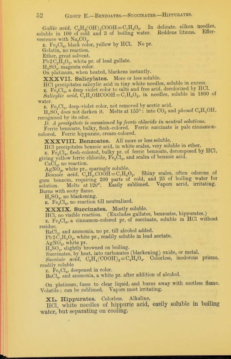Gallic acid, C«H„(0H)3C00H = C,HA- In delicate, silken needles, soluble iu 100 of cold and 3 of boiling water. Reddens litmus. Ji.tier- vescence with Na,C03. E. FeXlg, black color, yellow by HCI. No pr. Gelatin, no reaction. Ether, great solvent. Pb2C,H302. white pr. of lead gallate. H,SO,,'. magenta color. On platinum, when heated, blackens instantly. XXXVII. Salicylates. More or less soluble. HCI precipitates salicylic acid in tiny white needles, soluble m excess. E Fe,CL, a deep violet color to salts and free acid, decolorized by HCI. Salicylic acuZ, C6H^OHCOOH = C;H«03, in needles, soluble in 1800 of water. E. Fe,Cl6. deep-violet color, not removed by acetic acid. H.SO'^ does not darken it. Melts at 155°: into COj and phenol CgHjOH, recognised by its odor. , i». A precipitate is occasioned hy ferric chloride in neutral solutions. Ferric benzoate, bulky, flesh-colored. Ferric succinate is pale cinnamon- colored. Ferric hippurate, cream-colored. XXXVIII. Benzoates. All more or less soluble. HCI precipitates benzoic acid, in white scales, very soluble in ether. E. FcClfi, flesh-colored, bulky pr. of ferric benzoate, decomposed by HCI, giving yellow ferric chloride, FejClg, and scales of benzoic acid. CaClj, no reaction. AgNOa, white pr.. sparingly soluble. Benzoic acid, C^Hs.COOH = C^H^O^. Shiny scales, often odorous of gum benzoin, requiring 200 parts of cold, and 25 of boiling water for solution. Melts at 120°. Easily sublimed. Vapors acrid, irritating. Burns with sooty flame. H2SO4, no blackening. E. FcjClg, no reaction till neutralized. XXXIX. Succinates. Mostly soluble. HCI, no visible reaction. (Excludes gallates, benzoates, hippurates.) E. FcjClg, a cinnamon-colored pr. of succinate, soluble in HCI without residue. BaClo, and ammonia, no pr. till alcohol added. Pb2C2H302, white pr., readily soluble in lead acetate. AgNOj. white pr. H„SO,. slightly browned on boiling. Succinates, by heat, into carbonates (blackening) oxide, or metal. Succinic acid, C2H,(COOH)2 = C4H,0,. Colorless, inodorous prisms, readily soluble E. Fe2Cla, deepened in color. BaClj, and ammonia, a white pr. after addition of alcohol. On platinum, fuses to clear liquid, and burns away with sootless flame. Volatile ; can be sublimed. Vapors most irritating. XL. Hippurates. Colorless. Alkaline. HCI, white needles of hippuric acid, easily soluble in boiling water, but separating on cooling.