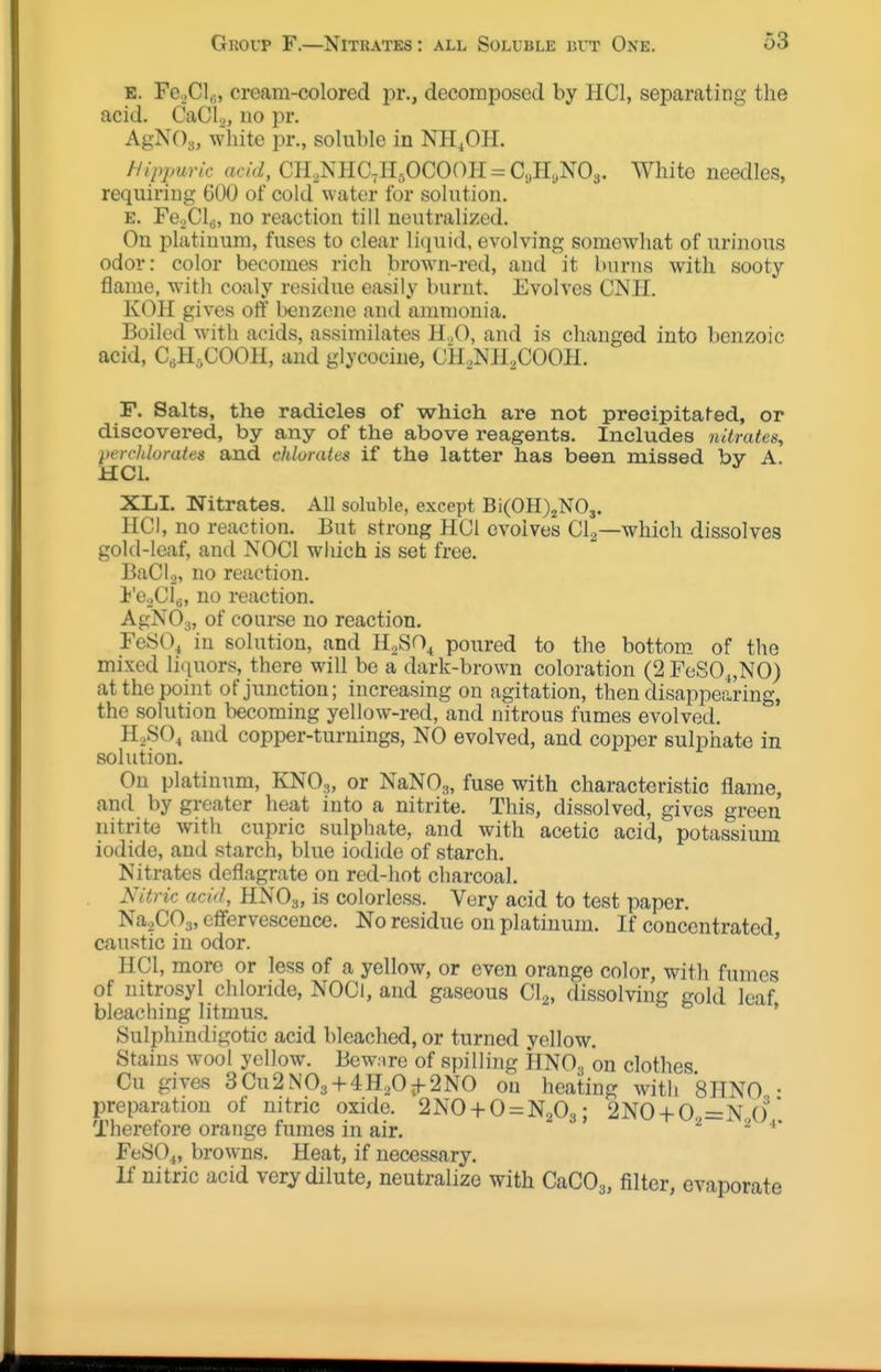 Group F.—Nitrates: all Soluble bit One. o3 E. Fe.,Clfi, cream-colored pr., decomposed by PICl, separating the acid. CaCl^, no pr. AgNOs, white pr., soluble in NH^OH. Hippuric acid, CH.NHC.H^OCOOH = CyH.NOs. White needles, requiring 600 of cold water for solution. E. Fe^Cl^, no reaction till neutralized. On platinum, fuses to clear liquid, evolving somewhat of urinous odor: color becomes rich brown-red, antl it burns with sooty flame, with coaly residiie easily burnt. Evolves CNH. KOH gives off l)enzene and anmionia. Boiled with acids, assimilates H.,0, and is changed into benzoic acid, CaH^COOH, and glycocine, CiL,NH,COOH. F. Salts, the radicles of which are not precipitated, or discovered, by any of the above reagents. Includes nitrates, perchlurates and chlorates if the latter has been missed bv A. HCl. ^ XLI. Nitrates. All soluble, except Bi(OH)2N03. HCi, no reaction. But strong HCl evolves Cl^—which dissolves gold-leaf, and NOCI which is set free. BaCla, no reaction. i'CoCla, no reaction. AgNOg, of course no reaction. FeSO^ in solution, and HaSO^ poured to the bottom, of the mixed liquors, there will be a dark-brown coloration (2 FeSO^,NO) at the point of junction; increasing on agitation, then disappearing, the solution becoming yellow-red, and nitrous fumes evolved. HoSO^ and copper-turnings, NO evolved, and copper sulphate in solution. On platinum, KNO3, or NaN03, fuse with characteristic flame, and by greater heat into a nitrite. This, dissolved, gives green nitrite with cupric sulphate, and with acetic acid, potassium iodide, and starch, blue iodide of starch. Nitrates deflagrate on red-hot charcoal. Nitric acid, HNO3, is colorless. Very acid to test paper. Na2C03, effervescence. No residue on platinum. If concentrated caustic in odor. ' HCl, more or less of a yellow, or even orange color, with fumes of nitrosyl chloride, NOCi, and gaseous CI2, dissolving gold leaf bleaching litmus. ' Sulphindigotic acid bleached, or turned yellow. Stains wool yellow. Bewnre of spilling HNO3 on clothes Cu gives 3Cu2N03 + 4H,Ojf2NO on heating with 'SHNO • preparation ot nitric oxide. 2NO-f-0 = N203; 2N0-f-0. =N () * Therefore orange fumes in air. ^ ^ FeSO^, browns. Heat, if necessary. If nitric acid very dilute, neutralize with CaCOj, filter, evaporate