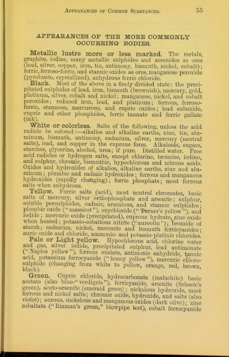 APPEABANCES OF THE MORE COMMONLY OCCURRING BODIES. Metallic lustre more or less marked. Tlio metals, graphite, iodine, many metallic suli)hides and arsenides as ores (lead, silver, copper, iron, tin, antimony, bismnth, nickel, cobalt); ferric, ferroso-ferric, and stannic oxides as ores, manganese peroxide (pyrolnsite, crystallized), anhydrons ferric chloride. Black. Most of the above in a finely divided state: the preci- pitated snlphides of lead, iron, bismuth (brownish), mercury, gold, platinum, silver, cobalt and nickel; manganese, nickel, and cobalt peroxides; reduced iron, lead, and platinum; ferrous, ferroso- ferric, stannous, mercurons, and cupric oxides; lead suboxide, cupric and other phosphides, ferric tannate and ferric gallate (ink). White or colorless. Salts of the following, unless the acid radicle be colored:—alkalies and alkaline earths, zinc, tin, alu- minum, bismuth, antimony, cadmium, silver, mercury (neutral salts), lead, and copper in the cuprous form. Alkaloids, sugars, starches, glycerme, alcohol, urea; if pure. Distilled water. Free acid radicles or hydrogen salts, except chlorine, bromine, iodine, and sulphur, chromic, bismuthic, hypochlorous and nitrous acids. Oxides and hydroxides of alkalies, alkaline earths, zinc and alu- nunimi; plumbic and cadmic hydroxides; ferrous and manganous hydroxides (rapidly changing); ferric phosphate; most ferrous salts when anhydrous. Yellow. Ferric salts (acid), most neutral chromates, basic sa ts ot mercury, silver orthophosphate and arsenite; sulphur, soluble persulphides, cadmic, arsenious, and stannic sulphides • plumlnc oxide ( massicot), oxychloride ( Turner's yellow ), and iodide; mercuric oxide (precipitated), cuprous hydrate, zinc oxide when heated; potassio-cobaltous nitrite ( aureoliu ); bromide of starch; cadmium, nickel, mercuric and bismuth ferricyanides• auric oxide and chloride, ammonio- and potassio-platinic chlorides' Pale or Light yellow. Hypochlorous acid, chlorine water and gas, silver iodide, precipitated sulphur, lead antimonato ( .Naples yellow ), ferrous oxalate, antimonic anhydride tannic acid potassium ferrocyanide (honey yellow), mercuric'cfiloro- sulphide (changing from white to yellow, orange, red, brown, Green. Cupric chloride, hydrocarbonate (malachite) basic acetate (also blue- verdigris), ferricyanide, arsenite (Schoele's green), aceto-arsenite (emerald green); nickelous hydroxide, most terrous and nickel salts; chromic oxide, hydroxide, and salts (also violet); aurous, nickelous and manganous oxides (dark olive); zinc cobaltate (Kmmaus green, blowpipe test), cobalt ferrocyanide
