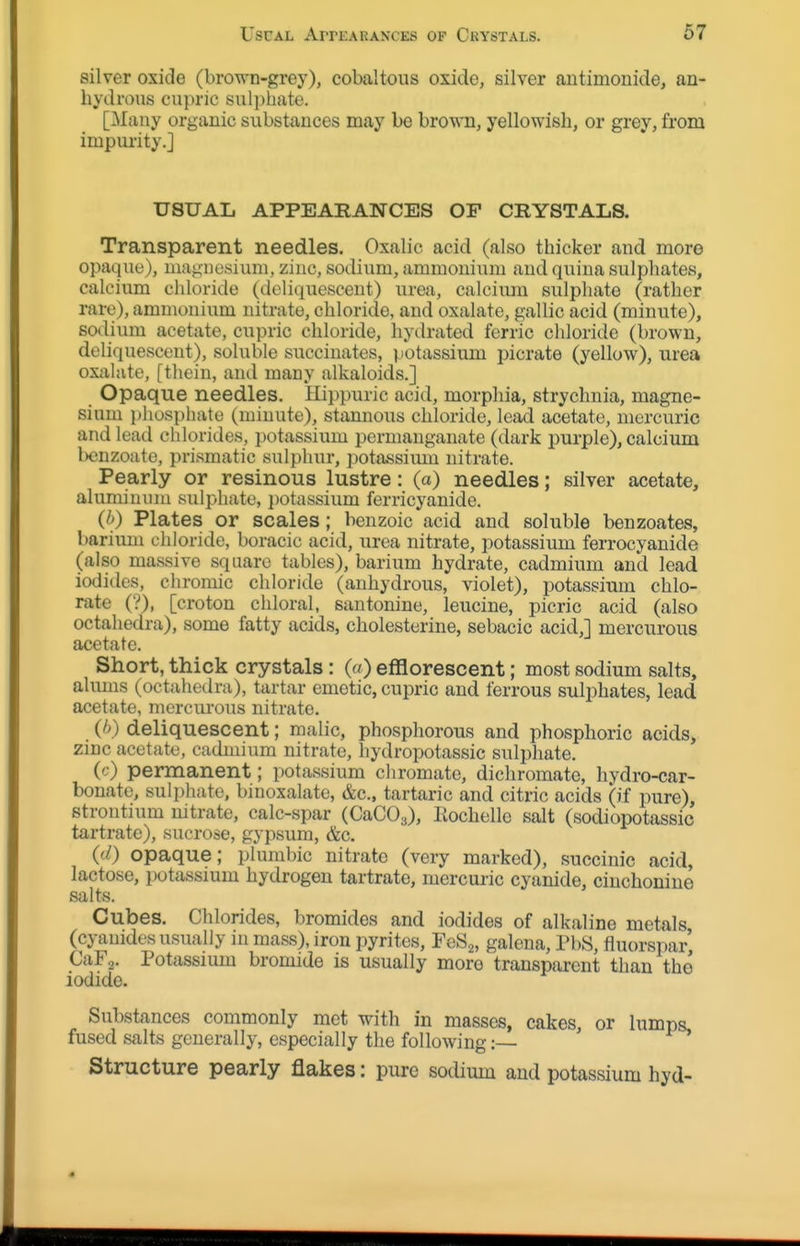 silver oxide (brown-grey), eobaltous oxide, silver autimonide, an- hydrous cupric suliihate. [Many organic substances may be brown, yellowish, or grey, from impurity.] USUAL APPEAHANCES OP CRYSTALS. Transparent needles. Oxalic acid (also thicker and more opaque), magnesium, zinc, sodium, ammonium and quina sulphates, calcium chloride (deliquescent) urea, calcium sulphate (rather rare), ammonium nitrate, chloride, and oxalate, gallic acid (minute), sodium acetate, cupric chloride, hydrated ferric chloride (brown, deliquescent), soluble succinates, potassium picrate (yellow), urea oxalate, [thein, and many alkaloids.] Opaque needles. Hippuric acid, morphia, strychnia, magne- sium phosphate (minute), stannous chloride, lead acetate, mercuric and lead chlorides, potassium permanganate (dark purple), calcium benzoate, prismatic sulphur, potassiiun nitrate. Pearly or resinous lustre: (a) needles; silver acetate, alumininn sulphate, potassium ferricyanide. (/>) Plates or scales; benzoic acid and soluble benzoates, barium chloride, boracic acid, urea nitrate, potassium ferrocyanide (also massive square tables), barium hydrate, cadmium and lead iodides, chromic chloride (anhydrous, violet), potassium chlo- rate (?), [croton chloral, santonine, leucine, picric acid (also octahedra), some fatty acids, cholesterine, sebacic acid,] mercurous acetate. Short, thick crystals: («) efflorescent; most sodium salts, alums (octahedra), tartar emetic, cupric and ferrous sulphates, lead acetate, mercurous nitrate. (h) deliquescent; malic, phosphorous and phosphoric acids, zinc acetate, cadmium nitrate, hydropotassic sulphate. (c) permanent; potassium chromate, dichromate, hydro-car- bonate, sulphate, binoxalate, &c., tartaric and citric acids (if pure), strontium mtrate, calc-spar (CaCOs), Eochelle salt (sodiopotassic tartrate), sucrose, gypsum, &c. (d) opaque; plumbic nitrate (very marked), succinic acid, lactose, potassium hydrogen tartrate, mercuric cyanide, cinchonine salts. Cubes. Chlorides, bromides and iodides of alkaline metals (cjTinides usually in mass), iron pyrites, FeS^, galena, PbS, fluorspar', Lai 2. Potassium bromide is usually more transparent than the iodide. Substances commonly met with in masses, cakes, or lumps, fused salts generally, especially the following:— Structure pearly flakes: pure sodium and potassium hyd-