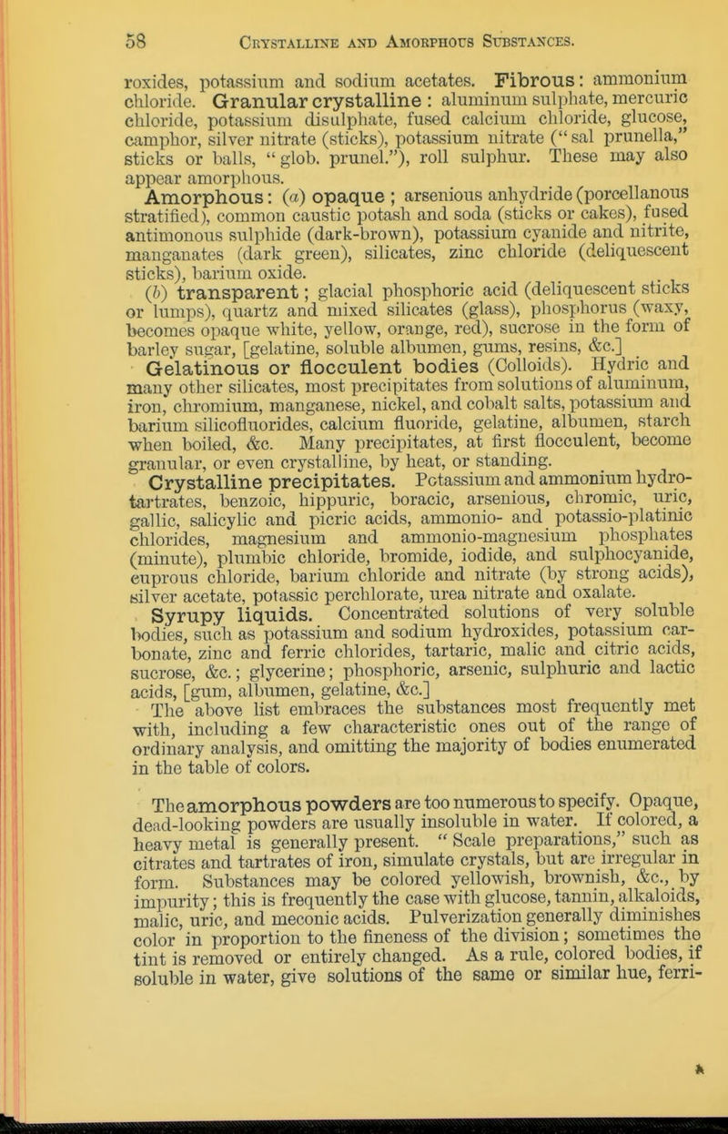 roxides, potassium and sodium acetates. Fibrous: ammonium chloride. Granular crystalline : aluminum sulphate, mercuric chloride, potassium disulphate, fused calcium chloride, glucose, camphor, silver nitrate (sticks), potassium nitrate ( sal prunella, sticks or balls,  glob, prunel.), roll sulphur. These may also appear amorphous. Amorphous: (a) opaque ; arsenious anhydride (porcellanous stratified), common caustic potash and soda (sticks or cakes), fused antimonous sulphide (dark-brown), potassium cyanide and nitrite, mangauates (dark green), silicates, zinc chloride (deliquescent sticks), barium oxide. (h) transparent; glacial phosphoric acid (deliquescent sticks or lumps), quartz and mixed silicates (glass), phosphorus (waxy, becomes opaque white, yellow, orange, red), sucrose in the form of barley sugar, [gelatine, soluble albumen, gums, resins, &c.] Gelatinous or flocculent bodies (Colloids). Hydric and many other silicates, most precipitates from solutions of aluminum, iron, chromium, manganese, nickel, and cobalt salts, potassium and barium silicofluorides, calcium fluoride, gelatine, albumen, starch when boiled, &c. Many precipitates, at first flocculent, become granular, or even crystalline, by heat, or standing. Crystalline precipitates. Potassium and ammonium hydro- tartrates, benzoic, hippuric, boracic, arsenious, chromic, uric, gallic, salicylic and picric acids, ammonio- and potassio-platinic chlorides, magnesium and ammonio-magnesium phosphates (minute), plumbic chloride, bromide, iodide, and sulphocyanide, cuprous chloride, barium chloride and nitrate (by strong acids), Bilver acetate, potassic perchlorate, urea nitrate and oxalate. Syrupy liquids. Concentrated solutions of very soluble bodies, such as potassium and sodium hydroxides, potassium car- bonate, zinc and ferric chlorides, tartaric, malic and citric acids, sucrose, &c.; glycerine; phosphoric, arsenic, sulphuric and lactic acids, [gum, albumen, gelatine, &c.] The above list embraces the substances most frequently met with, including a few characteristic ones out of the range of ordinary analysis, and omitting the majority of bodies enumerated in the table of colors. The amorphous powders are too numerous to specify. Opaque, dead-looking powders are usually insoluble in water. If colored, a heavy metal is generally present.  Scale preparations, such as citrates and tartrates of iron, simulate crystals, but are irregular in form. Substances may be colored yellowish, brownish, &c., by impurity; this is frequently the case with glucose, tannin, alkaloids, malic, uric, and meconic acids. Pulverization generally diminishes color in proportion to the fineness of the division; sometimes the tint is removed or entirely changed. As a rule, colored bodies, if soluble in water, give solutions of the same or similar hue, ferri-