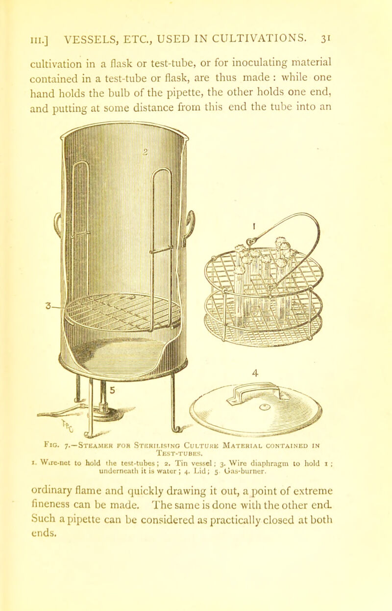 cultivation in a flask or test-tube, or for inoculating material contained in a test-tube or flask, are thus made : while one hand holds the bulb of the pipette, the other holds one end, and putting at some distance from this end the tube into an Fig. 7.—Steamer for Sterilising Culture Material contained in Test-tubes. 1. Wire-net to hold the test-tubes; 2. Tin vessel; 3. Wire diaphragm to hold 1 ; underneath it is water ; 4. Lid; 5 Gas-burner. ordinary flame and quickly drawing it out, a point of extreme fineness can be made. The same is done with the other end. Such a pipette can be considered as practically closed at both ends.