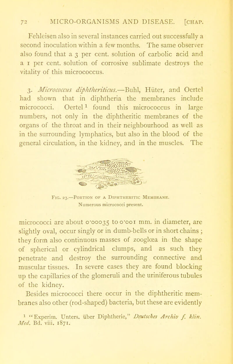 Fehleisen also in several instances carried out successfully a second inoculation within a few months. The same observer also found that a 3 per cent, solution of carbolic acid and a 1 per cent, solution of corrosive sublimate destroys the vitality of this micrococcus. 3. Micrococcus diphtlieriticus.—Buhl, Hiiter, and Oertel had shown that in diphtheria the membranes include micrococci. Oertel1 found this micrococcus in large numbers, not only in the diphtheritic membranes of the organs of the throat and in their neighbourhood as well as in the surrounding lymphatics, but also in the blood of the general circulation, in the kidney, and in the muscles. The Fig. 23.—Portion of a Diphtheritic Membrane. Numerous micrococci present. micrococci are about 0*00035 too'ooi mm. in diameter, are slightly oval, occur singly or in dumb-bells or in short chains ; they form also continuous masses of zooglcea in the shape of spherical or cylindrical clumps, and as such they penetrate and destroy the surrounding connective and muscular tissues. In severe cases they are found blocking up the capillaries of the glomeruli and the uriniferous tubules of the kidney. Besides micrococci there occur in the diphtheritic mem- branes also other (rod-shaped) bacteria, but these are evidently 1 Experim. Unters. Uber Diphtherie, Deutsches Archiv f. klitt. Med. Bd. viii. 1871.