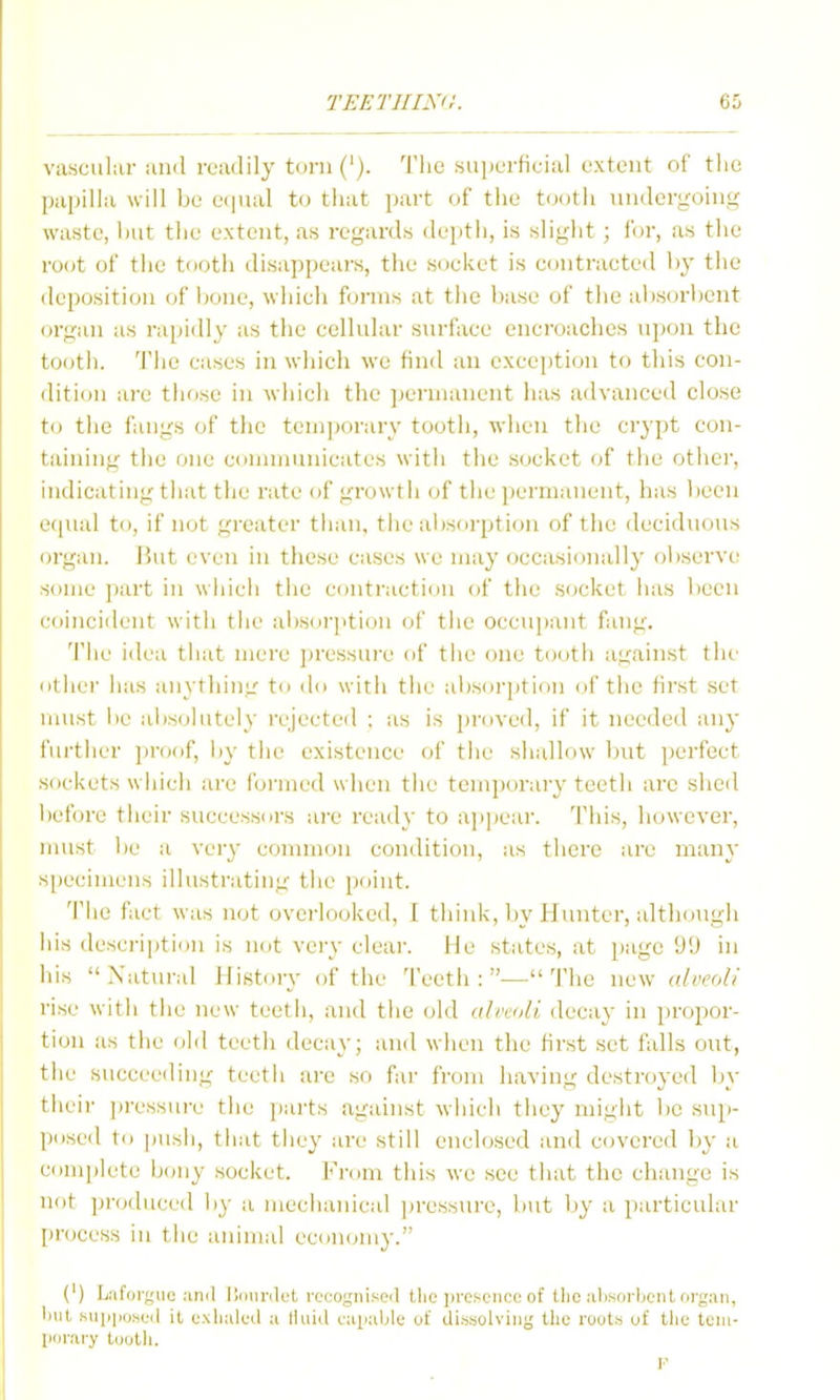 vasculiir and readily torn ('). The snperficial extent of tlie papilla will be e(|u;d to tliat part of the tootli undergoing waste, hut the extent, as regards deptii, is slight; Un\ as the root of the tooth disappears, the socket is contracted by the deposition of bone, which forms at the base of the absorbent organ as rapidly as the cellular siu-face encroaches ujjon the tooth. 'I'he cases in which we find an exception to this con- dition are those in which the permanent has advanced close to the fangs of the temporary tooth, when the crypt con- taining the one coinmunicates witli the socket of the other, indicating that the rate of growtli of tlie ])ermanent, has l)ecn ecpial to, if not greater tlian, tlie absorption of the deciduous organ. But even in these cases we may occasionally observe some part in which tiie contraction of the S(;cket lias l)een coincident with the abs(irpti(jn <>{' tiie occupant fang. Tile idea that mere ])ressnre of tiie one tootli against the other lias anything to do w ith the aiisorption of the first set must be absolutely rejected ; as is ])roved, if it needed any further proof, l)y the existence of the shallow but perfect sockets which are formed when the tem])orary teeth arc shed before tiieir successors are reatly to ajipear. This, however, must be a very common condition, as there are many si)ecimens illustrating the point. The fact was not overlooked, I tiiink, l)y Hunter, although Ills (lescri]ition is not very clear. He states, at page DU in his  Natural History of the 'I'eeth : — 'I'he new alveoli rise with the new teeth, and the old ali'oll decay in propor- tion as the old teeth decay; and when the first set falls out, the succeeding teeth are so far from having destroyed by their pressure the jiarts against which they might be sup- posed to |iusli, that they are still enclosed ;uid covered by a cdiiiijlete bony socket. From this we see that the change is not produced by a mechanical pressure, but by a particular process in the animal eeoiKjiiiy. (') Laforf^uo anil Iicinnlt't recognised the jircsencc of tlie absorbent organ, but sMii|Mjne(l it exlialed u liiiid capaljlc of dissolving the roots of the tein- porurj' tootli. I'