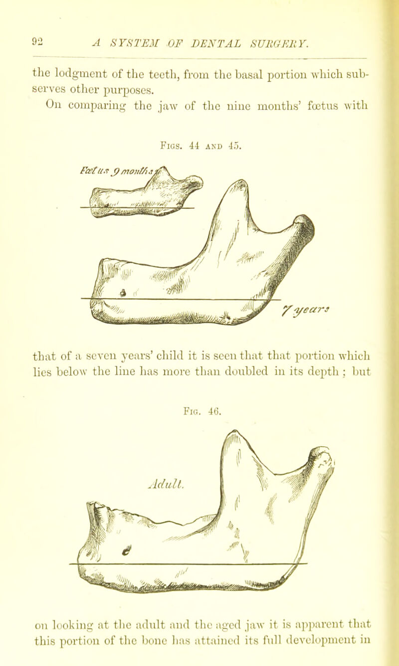 tlie lodgment of the teeth, from the basal portion which sub- serves other purposes. On comparing the jaw of the nine months' foetus with Figs. 4-1 and i'). that of a seven years' child it is seen that that portion which lies below the line has more than doubled in its depth : but Fig. 46. on looking at the adult and the aged jaw it is api)arent that this portion of the bone has attained its full develo23ment in