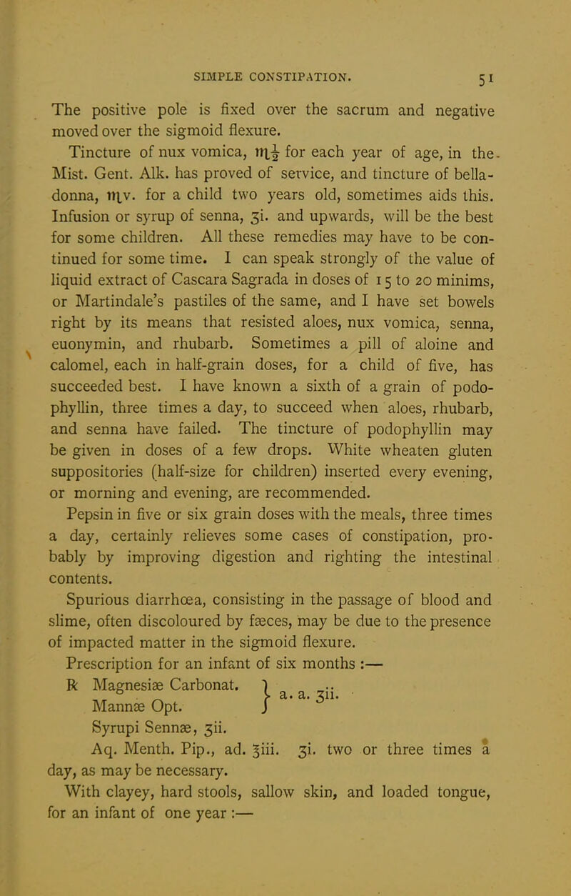 The positive pole is fixed over the sacrum and negative moved over the sigmoid flexure. Tincture of nux vomica, rri^ for each year of age, in the - Mist. Gent. Alk. has proved of service, and tincture of bella- donna, itiv. for a child two years old, sometimes aids this. Infusion or syrup of senna, 3!. and upwards, will be the best for some children. All these remedies may have to be con- tinued for some time. I can speak strongly of the value of liquid extract of Cascara Sagrada in doses of 15 to 20 minims, or Martindale's pastiles of the same, and I have set bowels right by its means that resisted aloes, nux vomica, senna, euonymin, and rhubarb. Sometimes a pill of aloine and calomel, each in half-grain doses, for a child of five, has succeeded best. I have known a sixth of a grain of podo- phyllin, three times a day, to succeed when aloes, rhubarb, and senna have failed. The tincture of podophyllin may be given in doses of a few drops. White wheaten gluten suppositories (half-size for children) inserted every evening, or morning and evening, are recommended. Pepsin in five or six grain doses with the meals, three times a day, certainly relieves some cases of constipation, pro- bably by improving digestion and righting the intestinal contents. Spurious diarrhoea, consisting in the passage of blood and slime, often discoloured by faeces, may be due to the presence of impacted matter in the sigmoid flexure. Prescription for an infant of six months :— R Magnesiae Carbonat. Mannse Opt. Syrupi Sennse, 3ii. Aq. Menth. Pip., ad. ^iii. 3i. two or three times a day, as may be necessary. With clayey, hard stools, sallow skin, and loaded tongue, for an infant of one year :— a. a. 311.