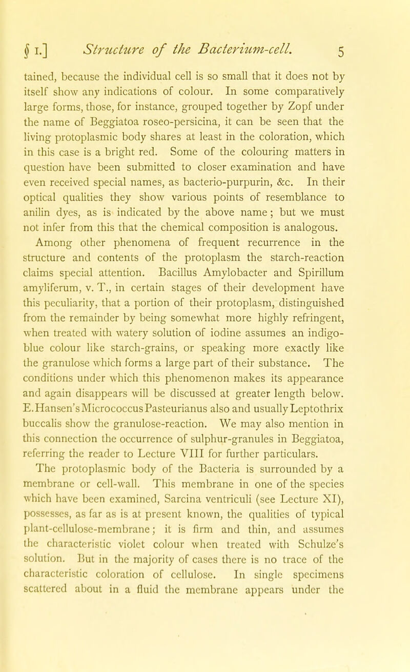 tained, because the individual cell is so small that it does not by itself show any indications of colour. In some comparatively large forms, those, for instance, grouped together by Zopf under the name of Beggiatoa roseo-persicina, it can be seen that the living protoplasmic body shares at least in the coloration, which in this case is a bright red. Some of the colouring matters in question have been submitted to closer examination and have even received special names, as bacterio-purpurin, &c. In their optical qualities they show various points of resemblance to anilin dyes, as is indicated by the above name; but we must not infer from this that the chemical composition is analogous. Among other phenomena of frequent recurrence in the stmcture and contents of the protoplasm the starch-reaction Claims special attention. Bacillus Amylobacter and Spirillum amyliferum, v. T., in certain stages of their development have this peculiarity, that a portion of their protoplasm, distinguished from the remainder by being somewhat more highly refringent, when treated with watery Solution of iodine assumes an indigo- blue colour like starch-grains, or speaking more exactly like the granulöse which forms a large part of their substance. The conditions under which this phenomenon makes its appearance and again disappears will be discussed at greater length below. E.Hansen'sMicrococcusPasteurianus also and usuallyLeptothrix buccalis show the granulose-reaction. We may also mention in this connection the occurrence of sulphur-granules in Beggiatoa, referring the reader to Lecture VIII for further particulars. The protoplasmic body of the Bacteria is surrounded by a membrane or cell-wall. This membrane in one of the species which have been examined, Sarcina ventriculi (see Lecture XI), possesses, as far as is at present known, the qualities of typical plant-cellulosc-membrane; it is firm and thin, and assumes the characteristic violet colour when treated with Schulze's Solution. But in the majority of cases there is no trace of the characteristic coloration of cellulose. In single specimens scattered about in a fluid the membrane appears under the