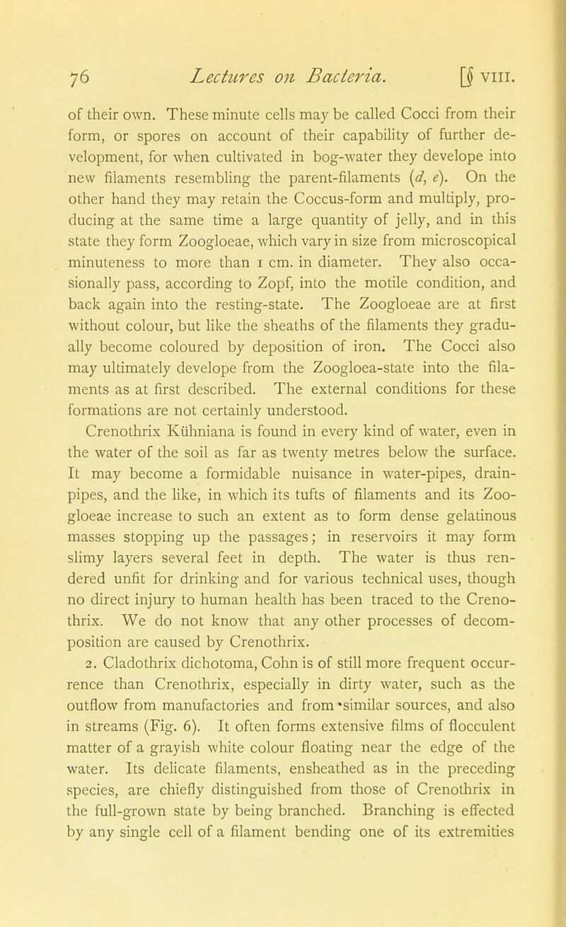 of their own. These minute cells may be called Cocci from their form, or spores on account of their capability of further de- velopment, for when cultivated in bog-water they develope into new filaments resembling the parent-filaments {d, e). On the other hand they may retain the Coccus-form and multiply, pro- ducing at the same time a large quantity of jelly, and in this State they form Zoogloeae, which vary in size from microscopical minuteness to more than i cm. in diameter. They also occa- sionally pass, according to Zopf, into the motile condition, and back again into the resting-state. The Zoogloeae are at first without colour, but like the sheaths of the filaments they gradu- ally become coloured by deposition of iron. The Cocci also may ultimately develope from the Zoogloea-state into the fila- ments as at first described. The external conditions for these formations are not certainly understood. Crenothrix Kühniana is found in every kind of water, even in the water of the soil as far as twenty metres below the surface. It may become a formidable nuisance in water-pipes, drain- pipes, and the like, in which its tufts of filaments and its Zoo- gloeae increase to such an extent as to form dense gelatinous raasses stopping up the passages; in reservoirs it may form slimy layers several feet in depth. The water is thus ren- dered unfit for drinking and for various technical uses, though no direct injury to human health has been traced to the Creno- thrix. We do not know that any other processes of decom- position are caused by Crenothrix. 2. Cladothrix dichotoma, Cohn is of still more frequent occur- rence than Crenothrix, especially in dirty water, such as the outflow from manufactories and from 'similar sources, and also in streams (Fig. 6). It often forms extensive films of flocculent matter of a grayish white colour floating near the edge of the water. Its delicate filaments, ensheathed as in the preceding Speeles, are chiefly distinguished from those of Crenothrix in the full-grown State by being branched. Branching is elTected by any Single cell of a filament bending one of its extremities