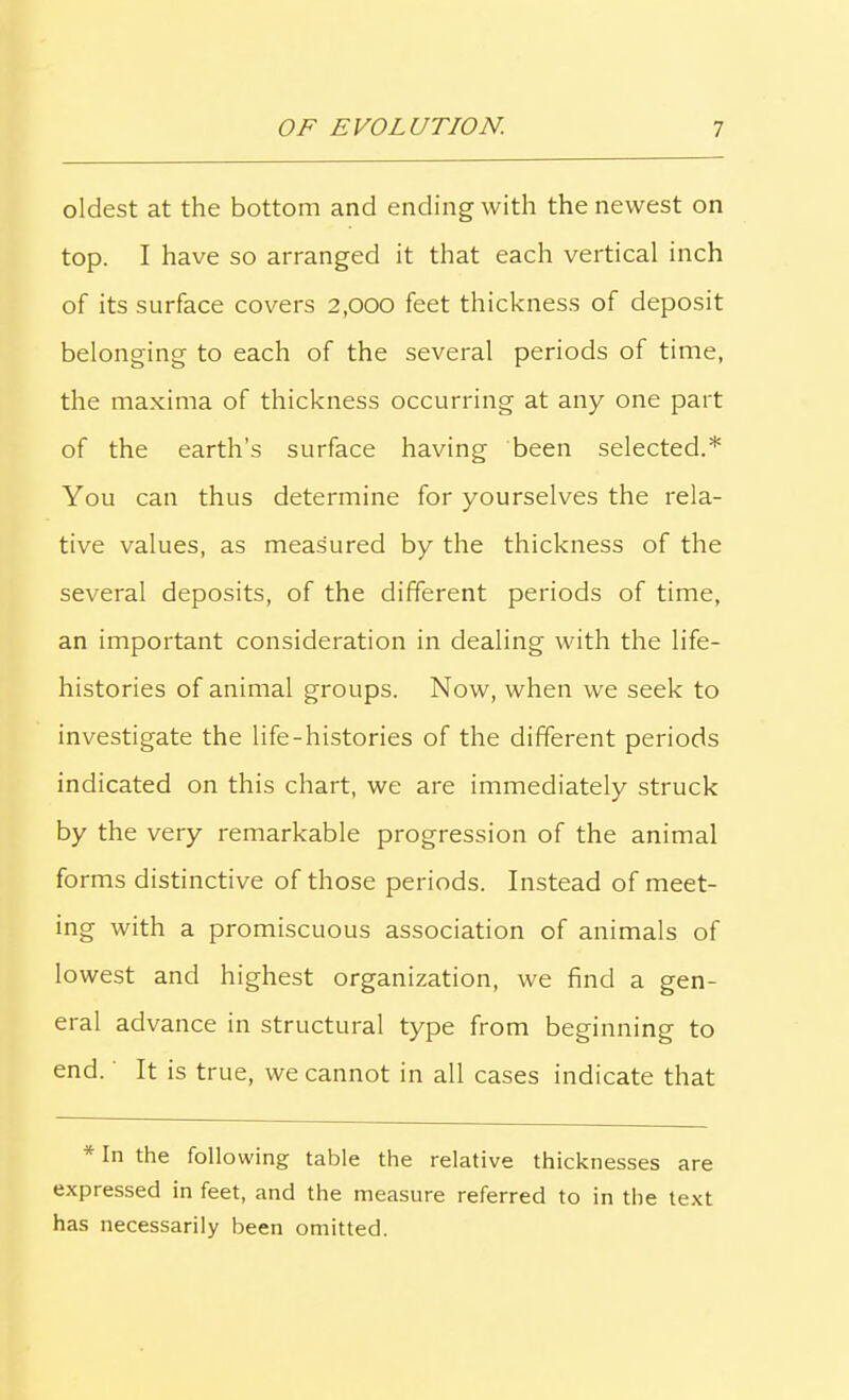 oldest at the bottom and ending with the newest on top. I have so arranged it that each vertical inch of its surface covers 2,000 feet thickness of deposit belonging to each of the several periods of time, the maxima of thickness occurring at any one part of the earth’s surface having been selected.* You can thus determine for yourselves the rela- tive values, as measured by the thickness of the several deposits, of the different periods of time, an important consideration in dealing with the life- histories of animal groups. Now, when we seek to investigate the life-histories of the different periods indicated on this chart, we are immediately struck by the very remarkable progression of the animal forms distinctive of those periods. Instead of meet- ing with a promiscuous association of animals of lowest and highest organization, we find a gen- eral advance in structural type from beginning to end. It is true, we cannot in all cases indicate that * In the following table the relative thicknesses are expressed in feet, and the measure referred to in the text has necessarily been omitted.