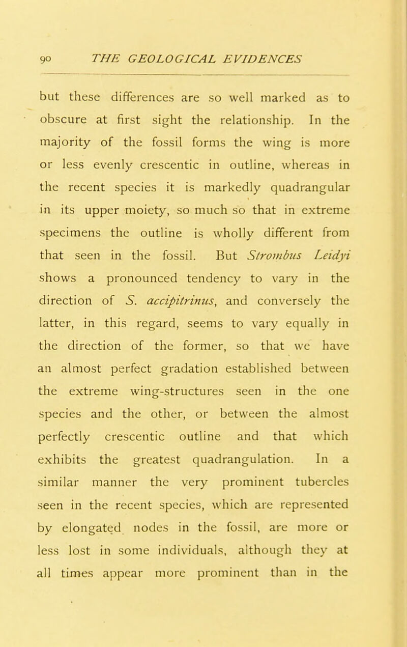 but these differences are so well marked as to obscure at first sight the relationship. In the majority of the fossil forms the wing is more or less evenly crescentic in outline, whereas in the recent species it is markedly quadrangular in its upper moiety, so much so that in extreme specimens the outline is wholly different from that seen in the fossil. But Strovibus Leidyi shows a pronounced tendency to vary in the direction of S. accipitrinus, and conversely the latter, in this regard, seems to vary equally in the direction of the former, so that we have an almost perfect gradation established between the extreme wing-structures seen in the one species and the other, or between the almost perfectly crescentic outline and that which exhibits the greatest quadrangulation. In a similar manner the very prominent tubercles seen in the recent species, which are represented by elongated nodes in the fossil, are more or less lost in some individuals, although they at all times appear more prominent than in the