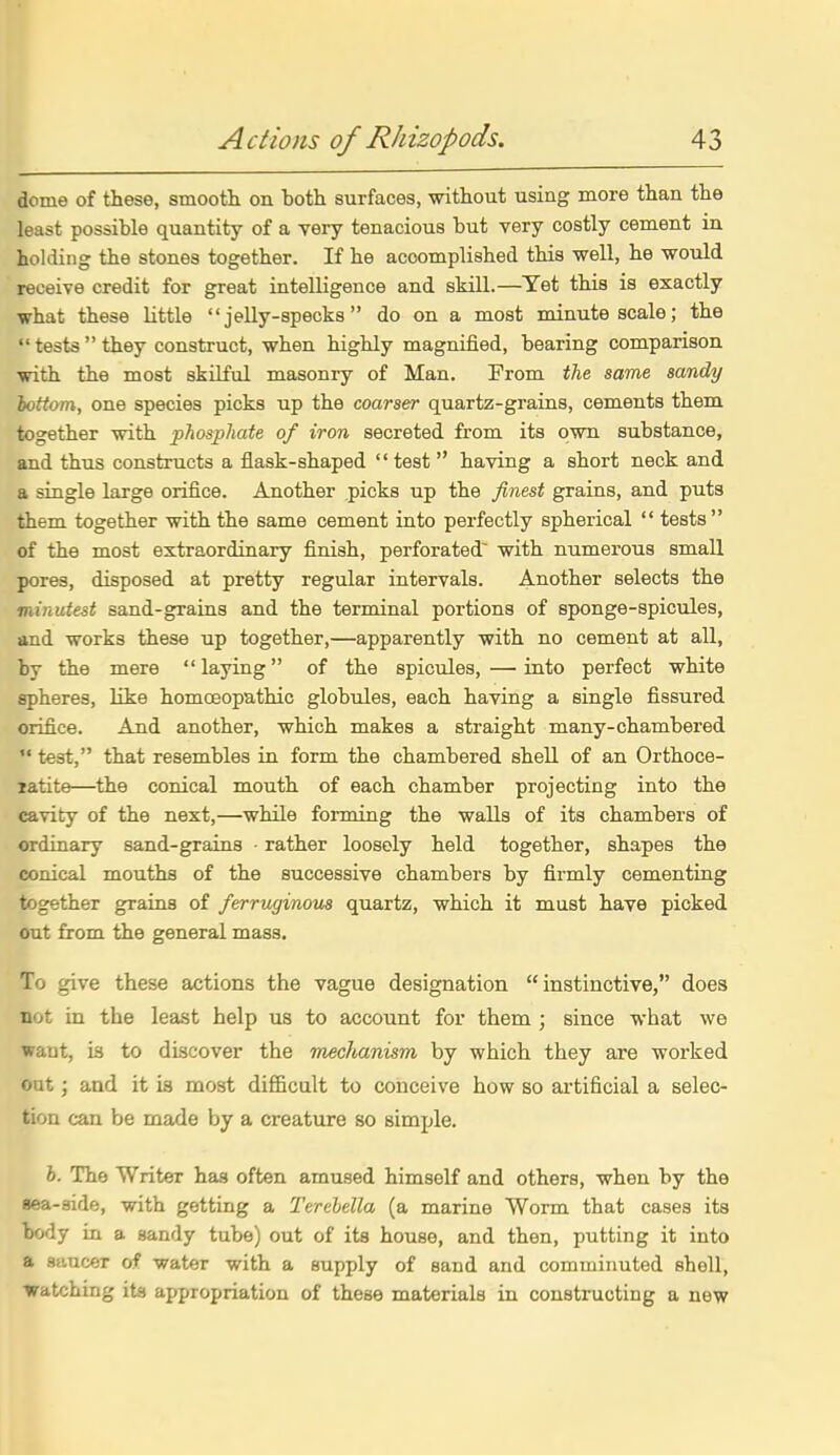 dome of these, smootli on both surfaces, without using more than the least possible quantity of a very tenacious but very costly cement in holding the stones together. If he accomplished this well, he would receive credit for great intelligence and skill.—Yet this is exactly what these little jelly-specks do on a most minute scale; the  tests  they construct, when highly magnified, bearing comparison with the most skilful masonry of Man. From *Ae some mndij lottom, one species picks up the coarser quartz-grains, cements them together with phosphate of iron secreted from its own substance, and thus constructs a flask-shaped  test  having a short neck and a single large orifice. Another picks up the finest grains, and puts them together with the same cement into perfectly spherical  tests of the most extraordinary finish, perforated^ with numerous small pores, disposed at pretty regular intervals. Another selects the minutest sand-grains and the terminal portions of sponge-spicules, and works these up together,—apparently with no cement at all, by the mere  laying of the spicules, — into perfect white spheres, like homoeopathic globules, each having a single fissured orifice. And another, which makes a straight many-chambered  test, that resembles in form the chambered shell of an Orthoce- latite—the conical mouth of each chamber projecting into the cavity of the next,—while fonning the walls of its chambers of ordinary sand-grains • rather loosely held together, shapes the conical mouths of the successive chambers by firmly cementing together graias of ferruginous quartz, which it must have picked out from the general mass. To give these actions the vague designation instinctive, does not in the least help us to account for them ; since what we want, is to discover the mechanism by which they are worked out; and it is most difficult to conceive how so artificial a selec- tion can be made by a creature so simple. b. The Writer has often amused himself and others, when by the sea-side, with getting a Terclella (a marine Worm that cases its body in a sandy tube) out of its house, and then, putting it into a saucer of water with a supply of sand and comminuted shell, watching its appropriation of these materials in constructing a new