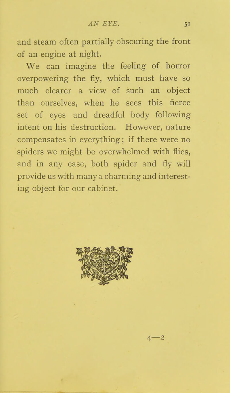 and steam often partially obscuring the front of an engine at night. We can imagine the feeling of horror overpowering the fly, which must have so much clearer a view of such an object than ourselves, when he sees this fierce set of eyes and dreadful body following intent on his destruction. However, nature compensates in everything; if there were no spiders we might be overwhelmed with flies, and in any case, both spider and fly will provide us with many a charming and interest- ing object for our cabinet.